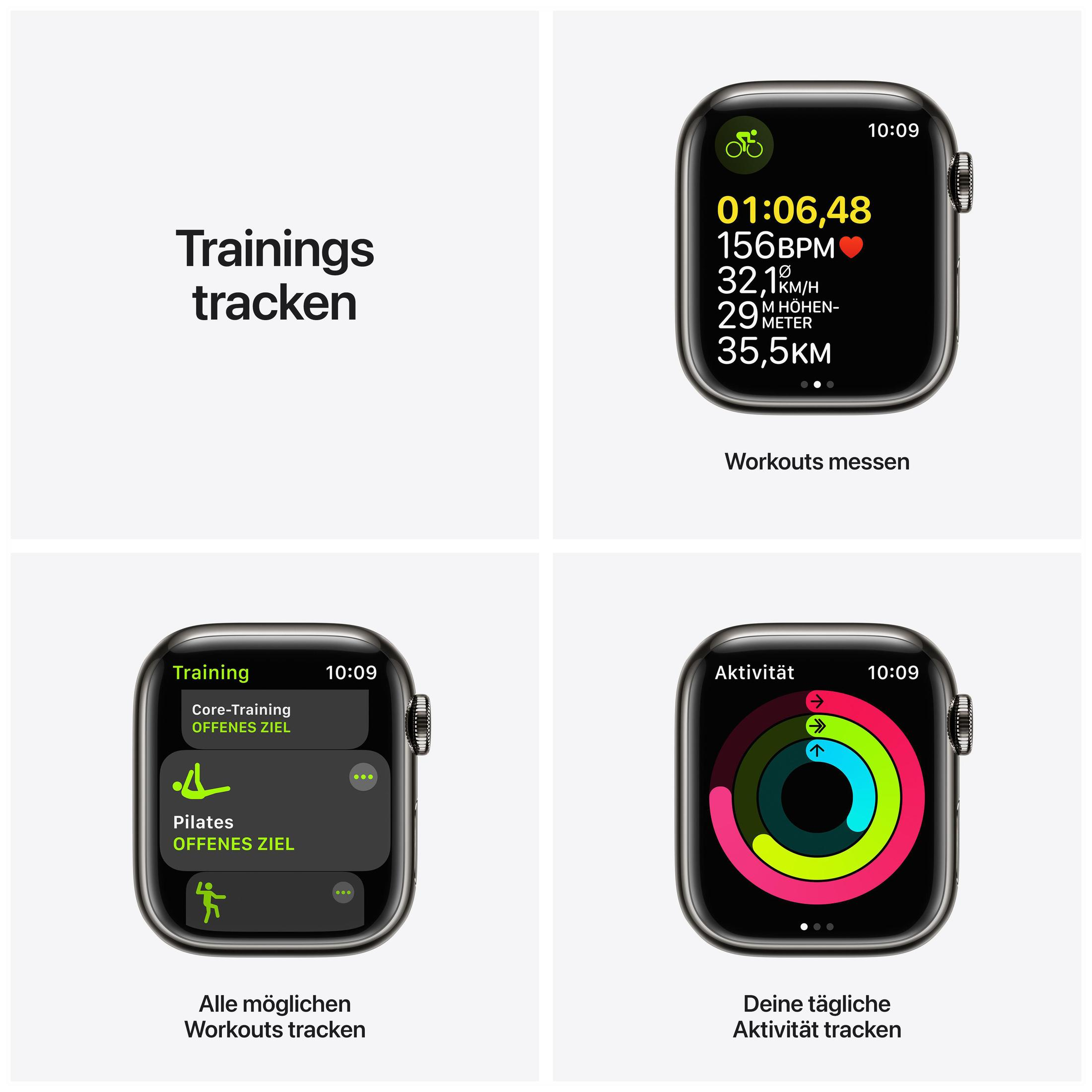 Quattro schermate di Apple Watch con statistiche di allenamento: tempo, frequenza cardiaca e opzioni.