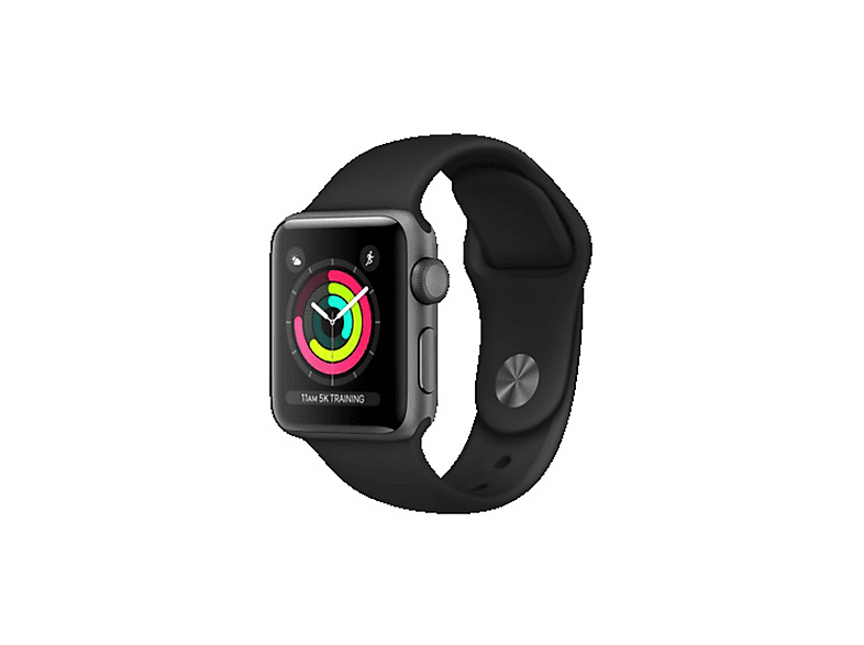 APPLE WATCH 3 GPS 38MM SPACE GREY ALU BLACK SPORT Smartwatch Aluminium Hochleistungs-Fluorelastomer, 130-200 mm, Space Grau mit Sportarmband Schwarz