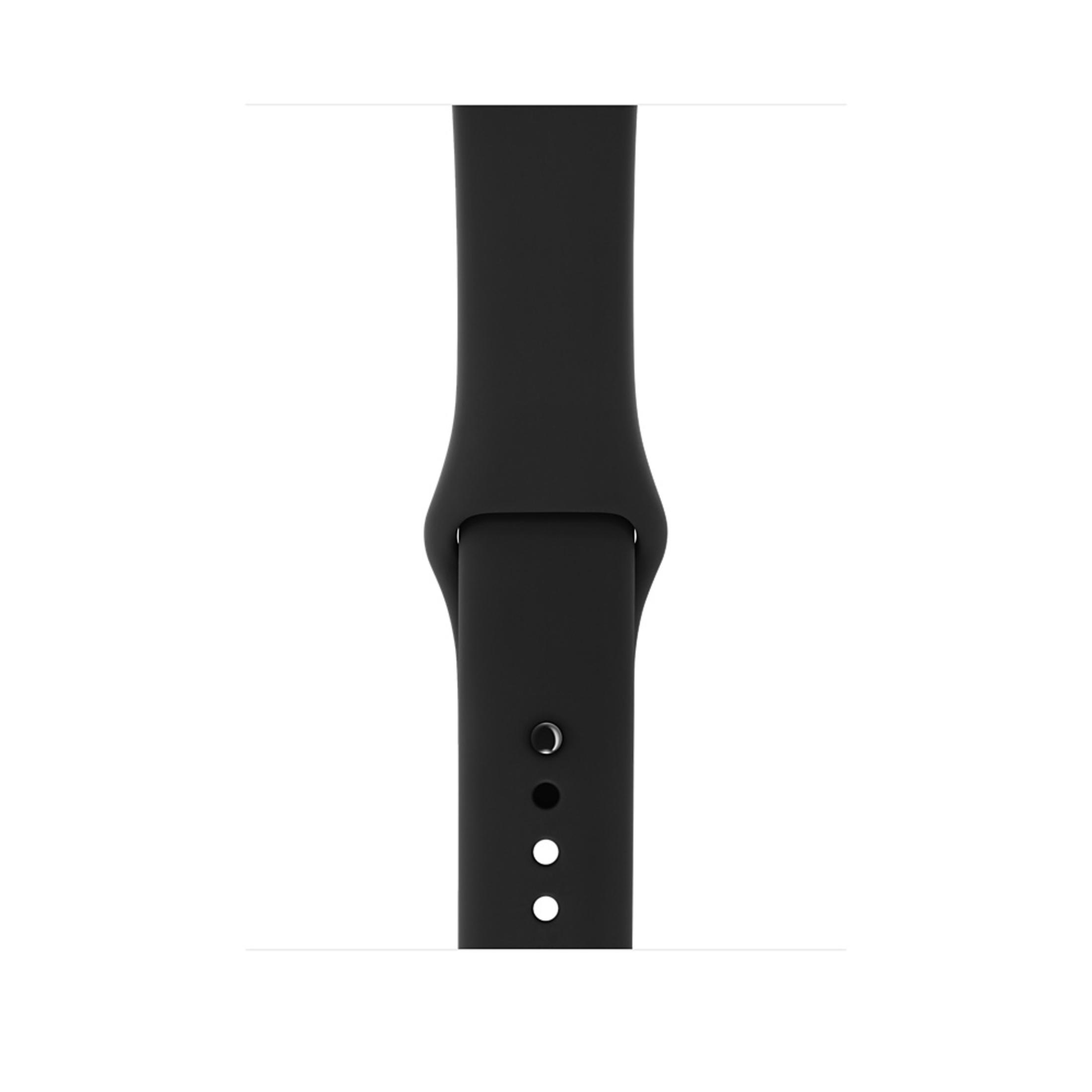 Ein schwarzes Uhrenarmband mit drei Löchern und einer Schnalle.