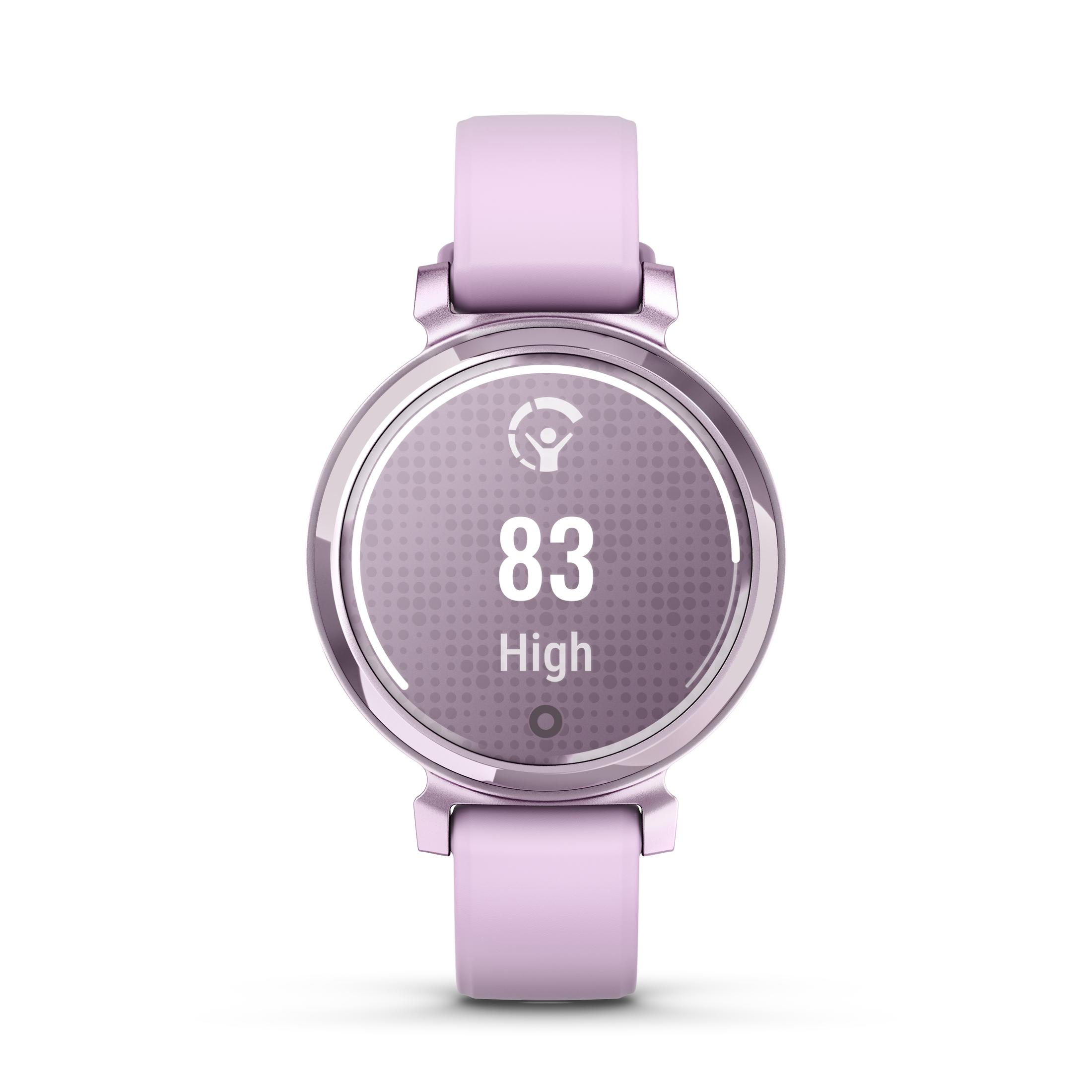 Une montre connectée rose affichant une fréquence cardiaque élevée, avec un bracelet rose et fond blanc.