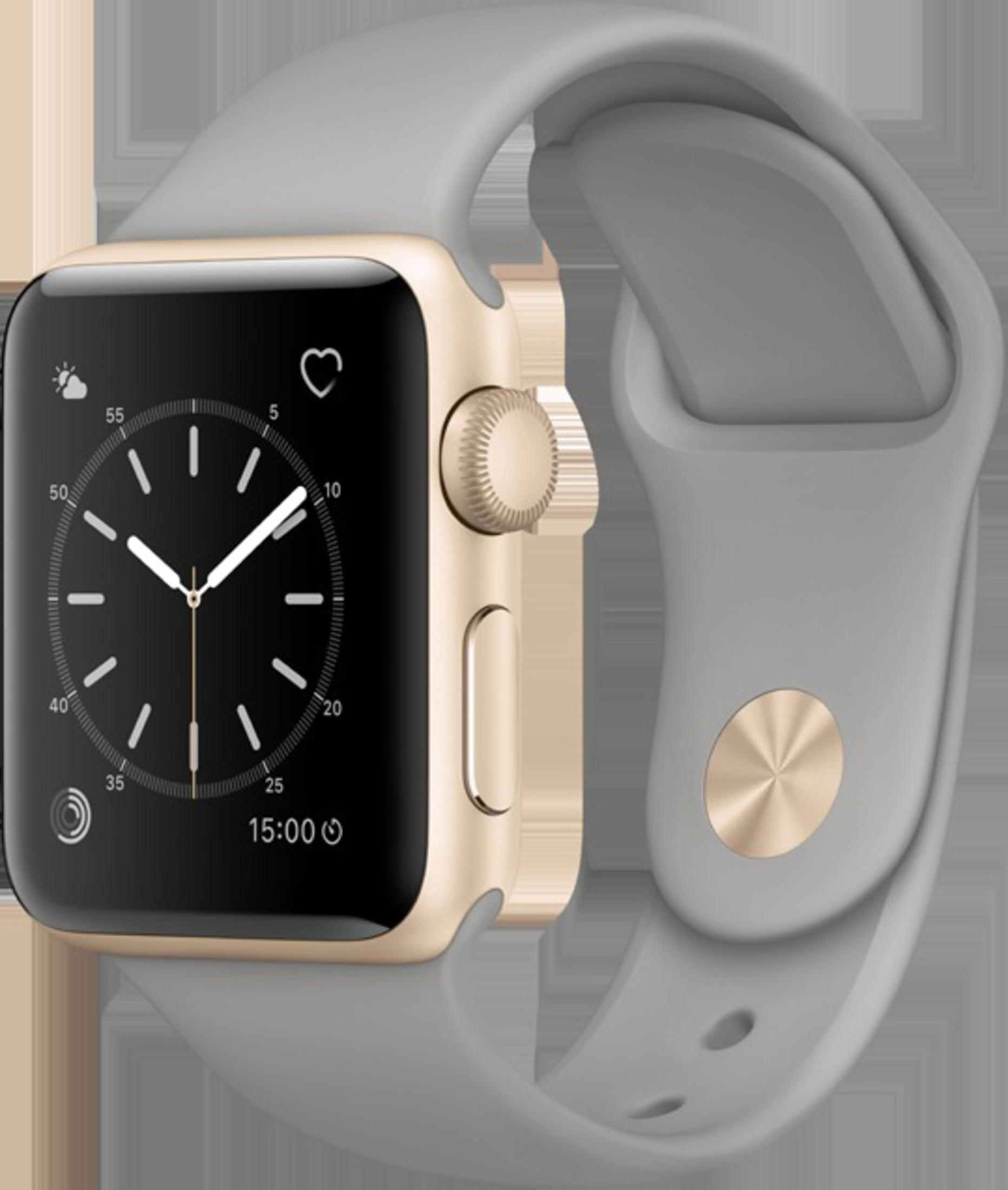 Apple Watch mit goldenem Gehäuse und grauem Armband, die Uhrzeit 15:00 auf dem Display.