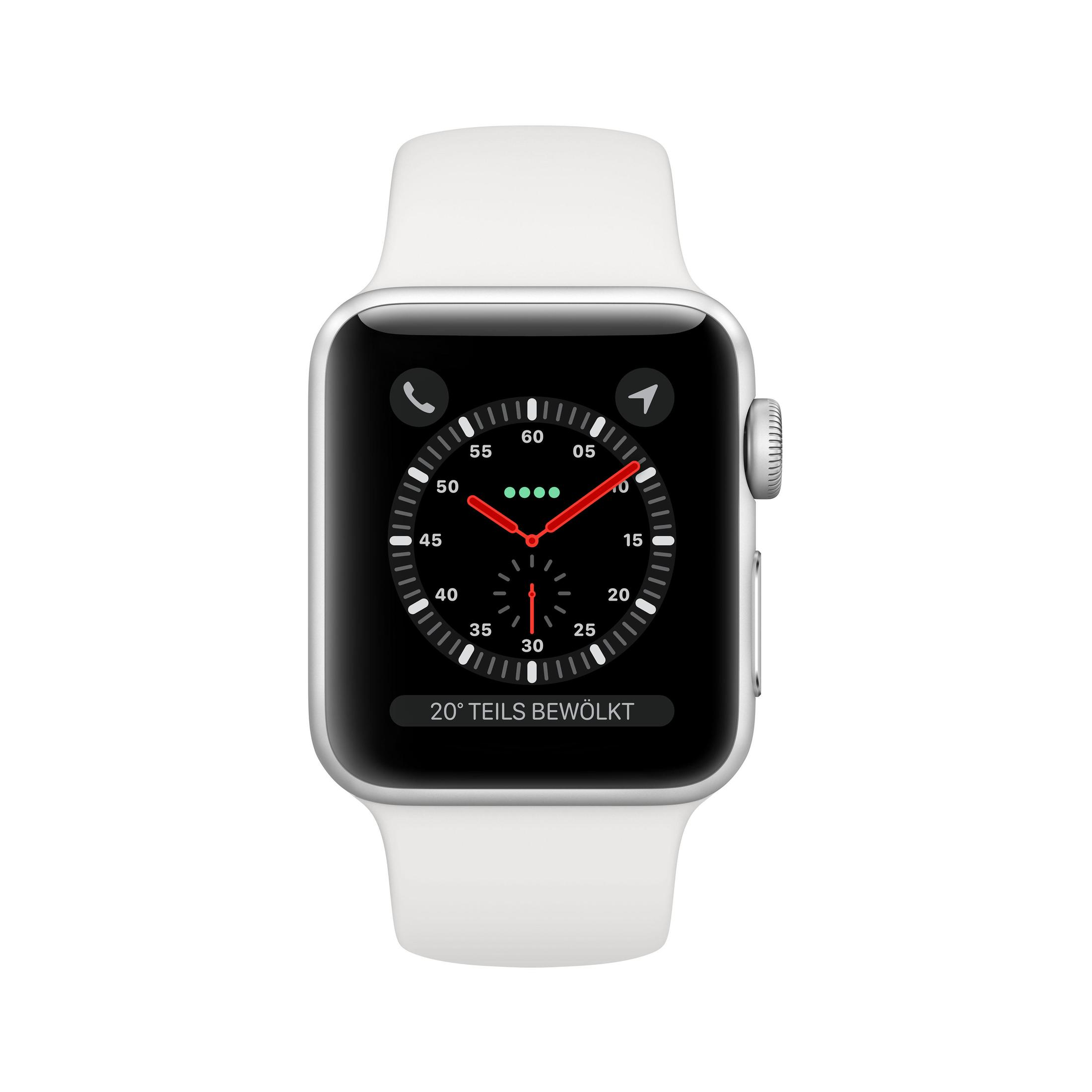 Silberne Apple Watch mit weißem Armband. Die Uhrzeit ist 10:10. Der Bildschirm zeigt 20° TEILS BEWÖLKT.