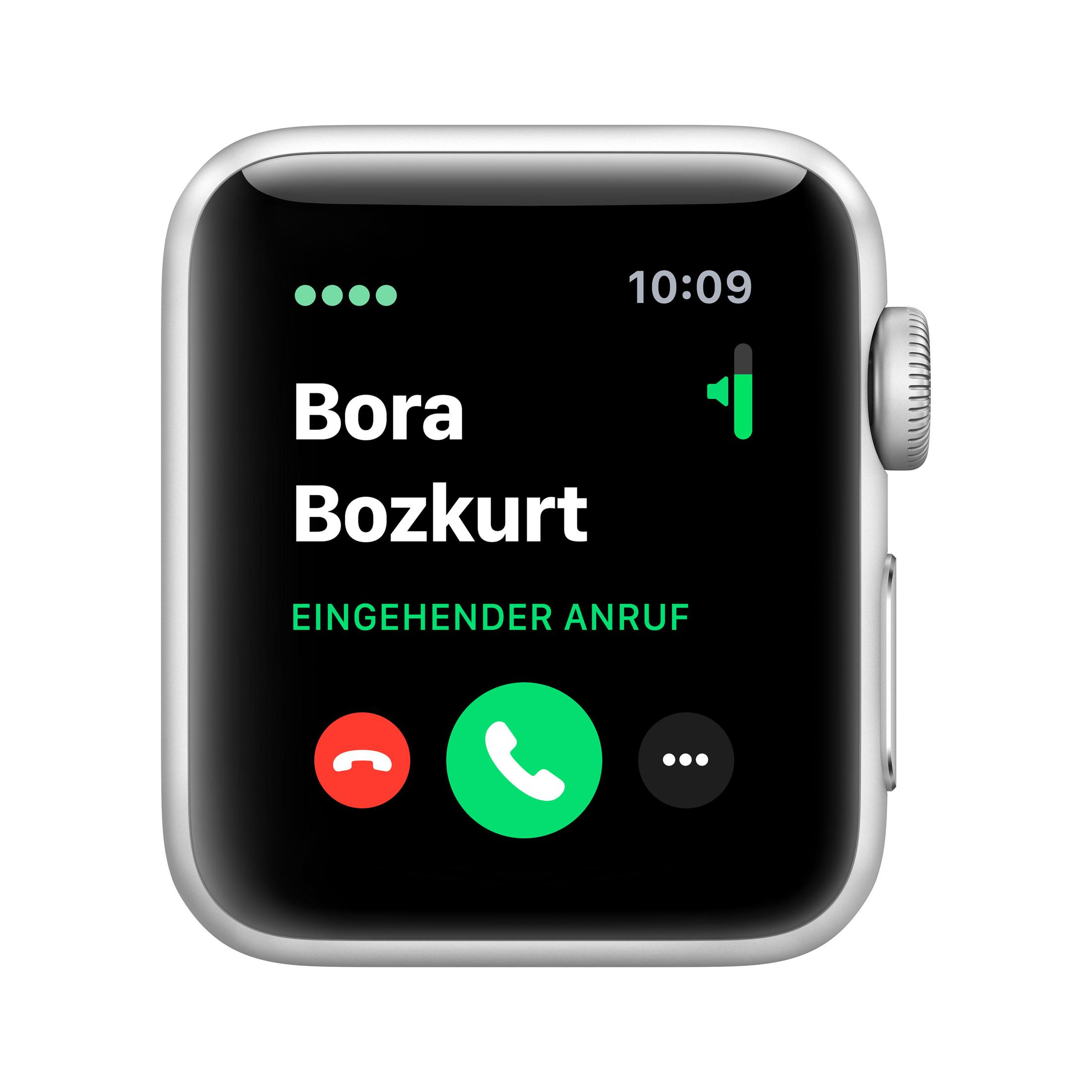 Apple Watch-Bildschirm zeigt einen eingehenden Anruf von Bora Bozkurt mit Anrufaktionen.