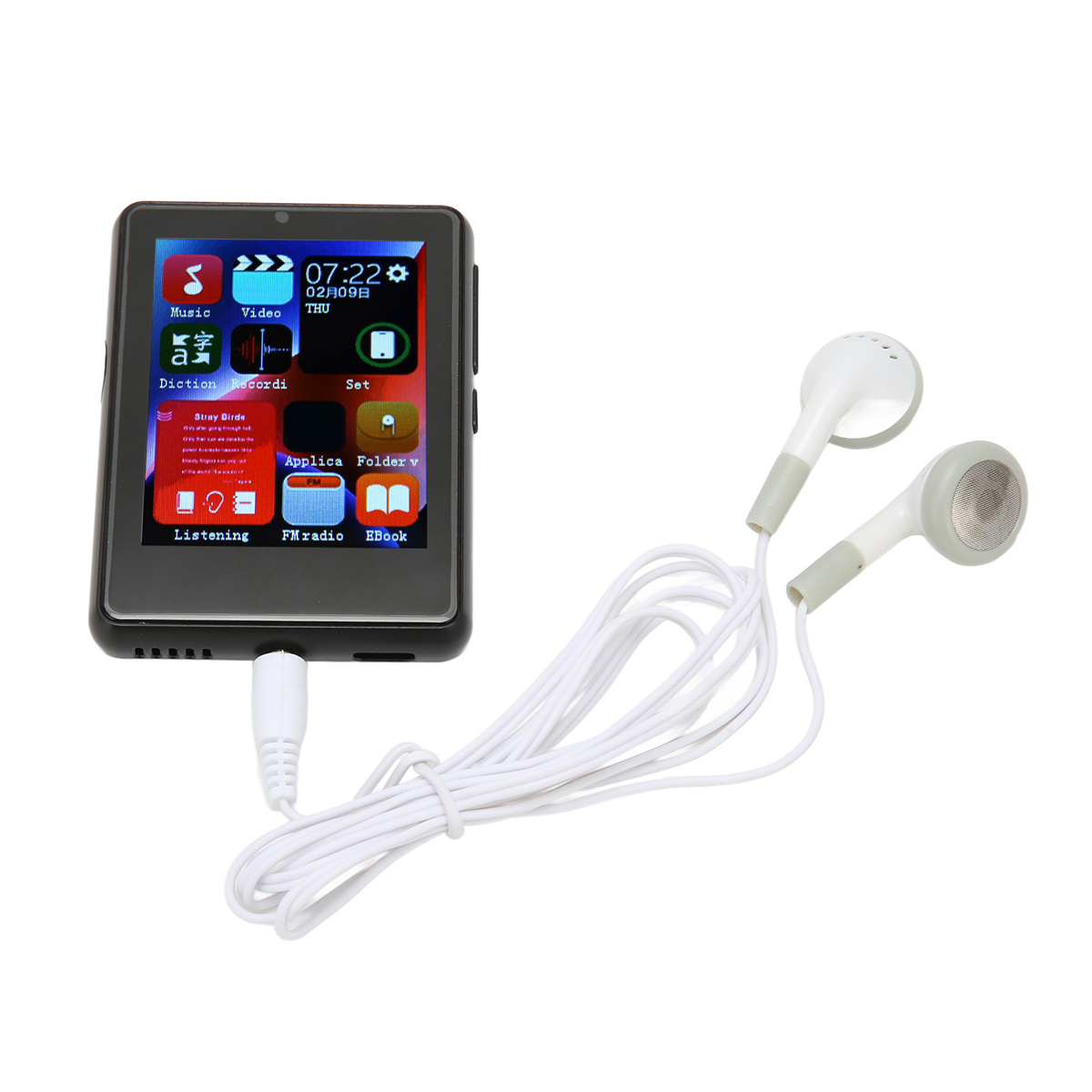 Schwarzer MP3-Player mit Bildschirm und Kopfhörern mit weißem Kabel.