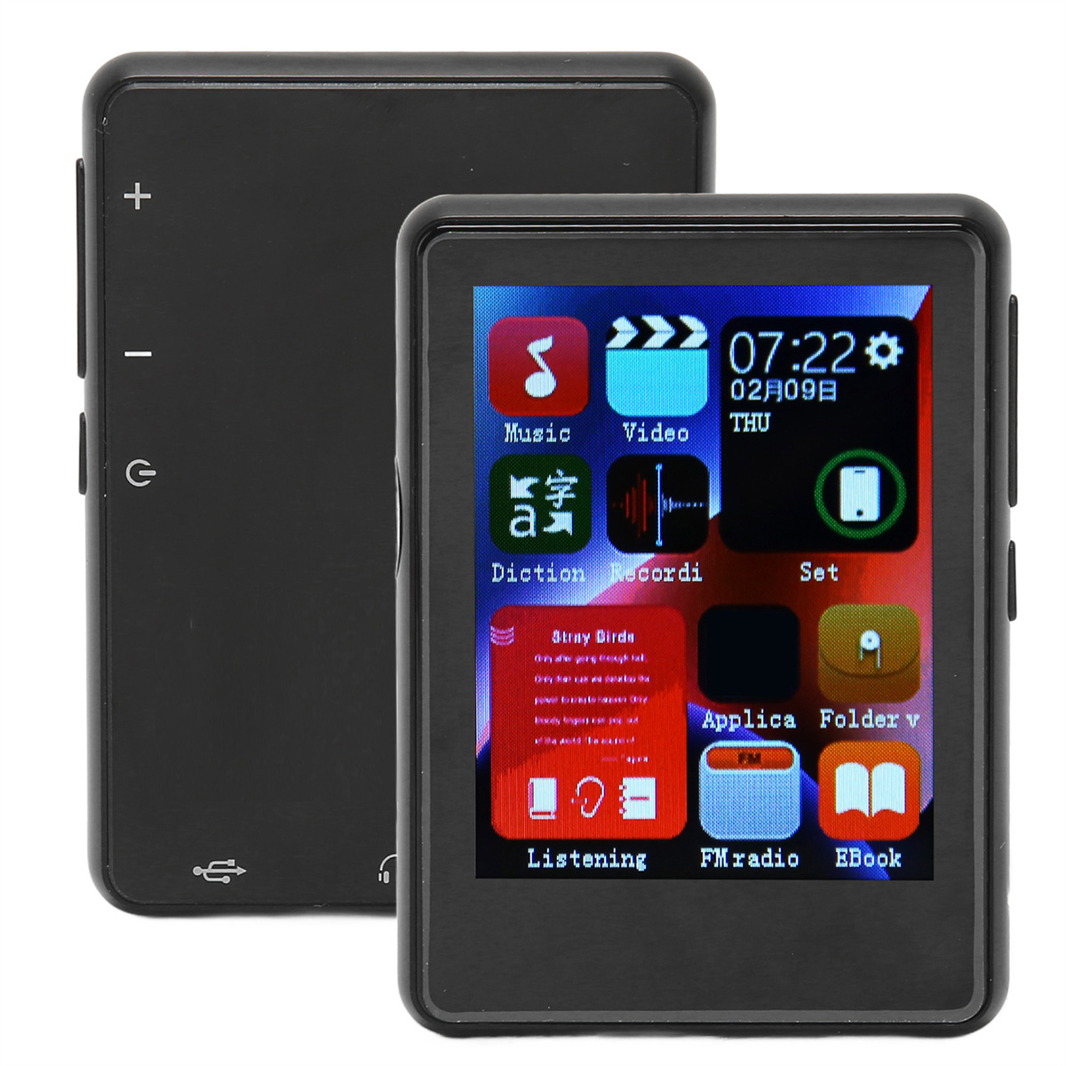 Schwarzer MP3-Player mit Bildschirm, der Symbole für Musik, Video, Diktat und mehr anzeigt.