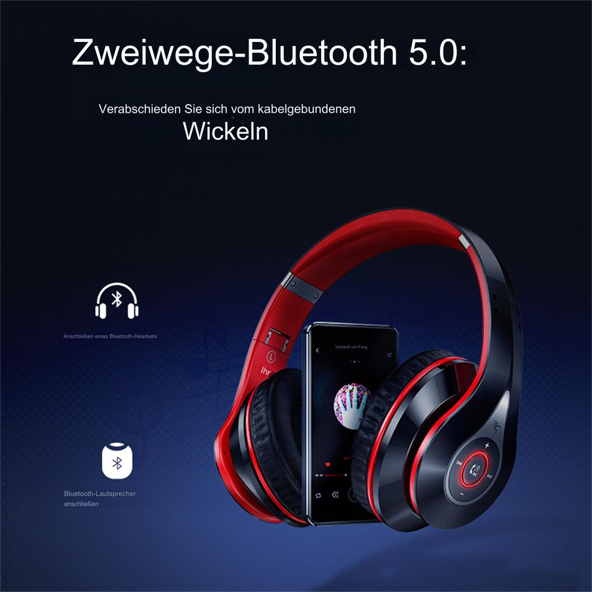 Schwarz-rote Kopfhörer mit Telefon, das Musik anzeigt. Text: 'Bluetooth 5.0'.