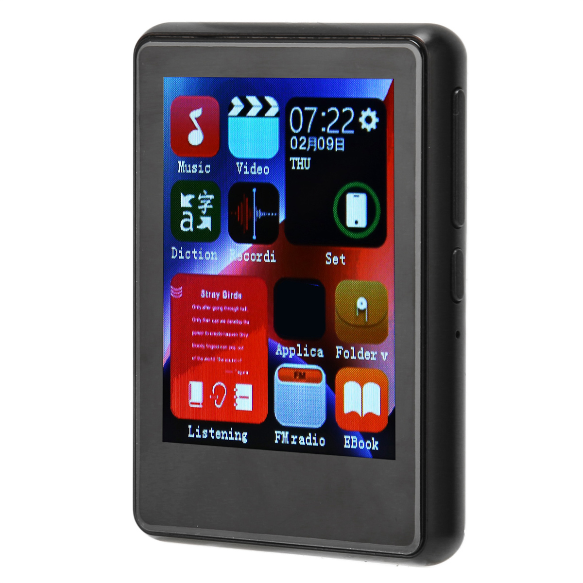 Schwarzer MP3-Player mit Farbbildschirm, der Symbole und Uhrzeit anzeigt. Musik, Video, Wörterbuch und mehr.