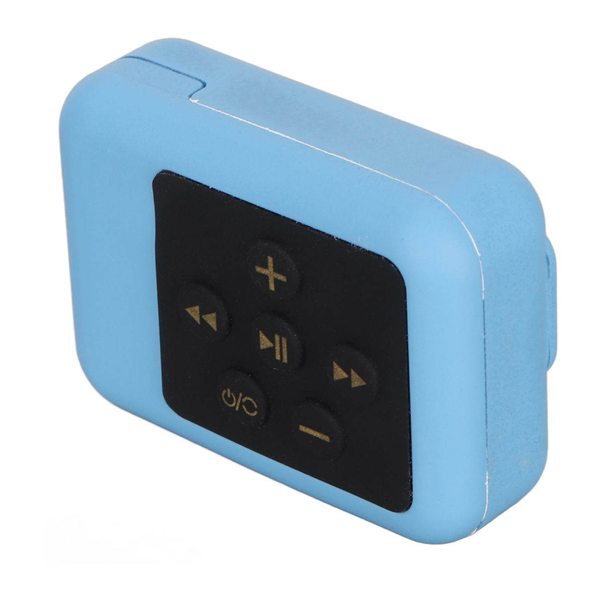 Ein kleiner, blauer MP3-Player mit schwarzen Knöpfen liegt vor einem weißen Hintergrund und ist zum Betrachter hin abgewinkelt.