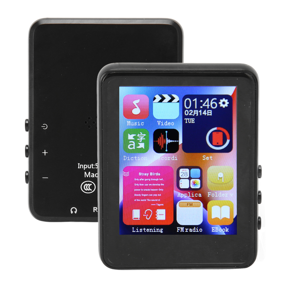 Schwarzer MP3-Player mit Symbolen auf dem Bildschirm. Ein zweites Gerät ist dahinter sichtbar.