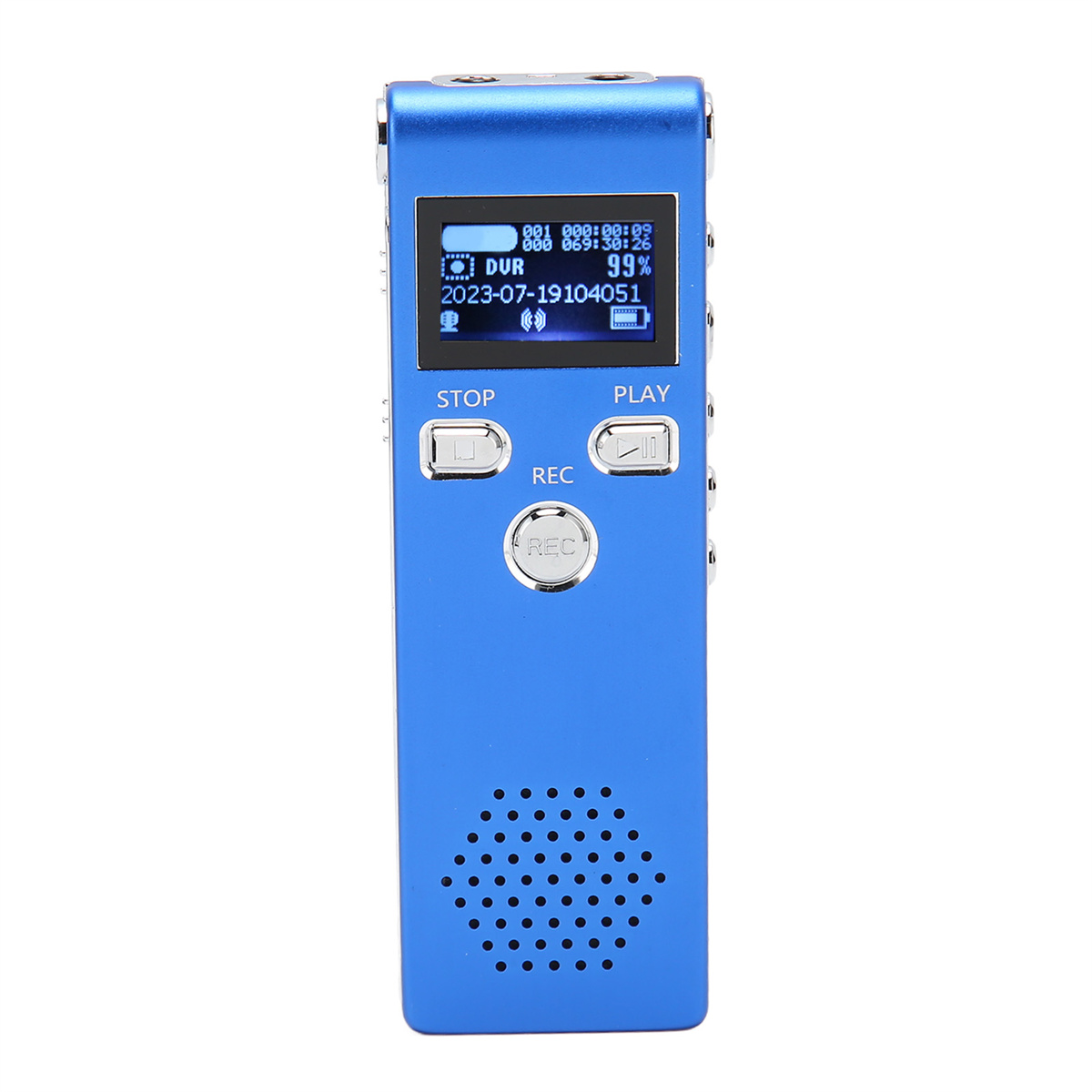Blauer digitaler Sprachrekorder mit Display, das Zeit, Akku und Aufnahmestatus anzeigt.