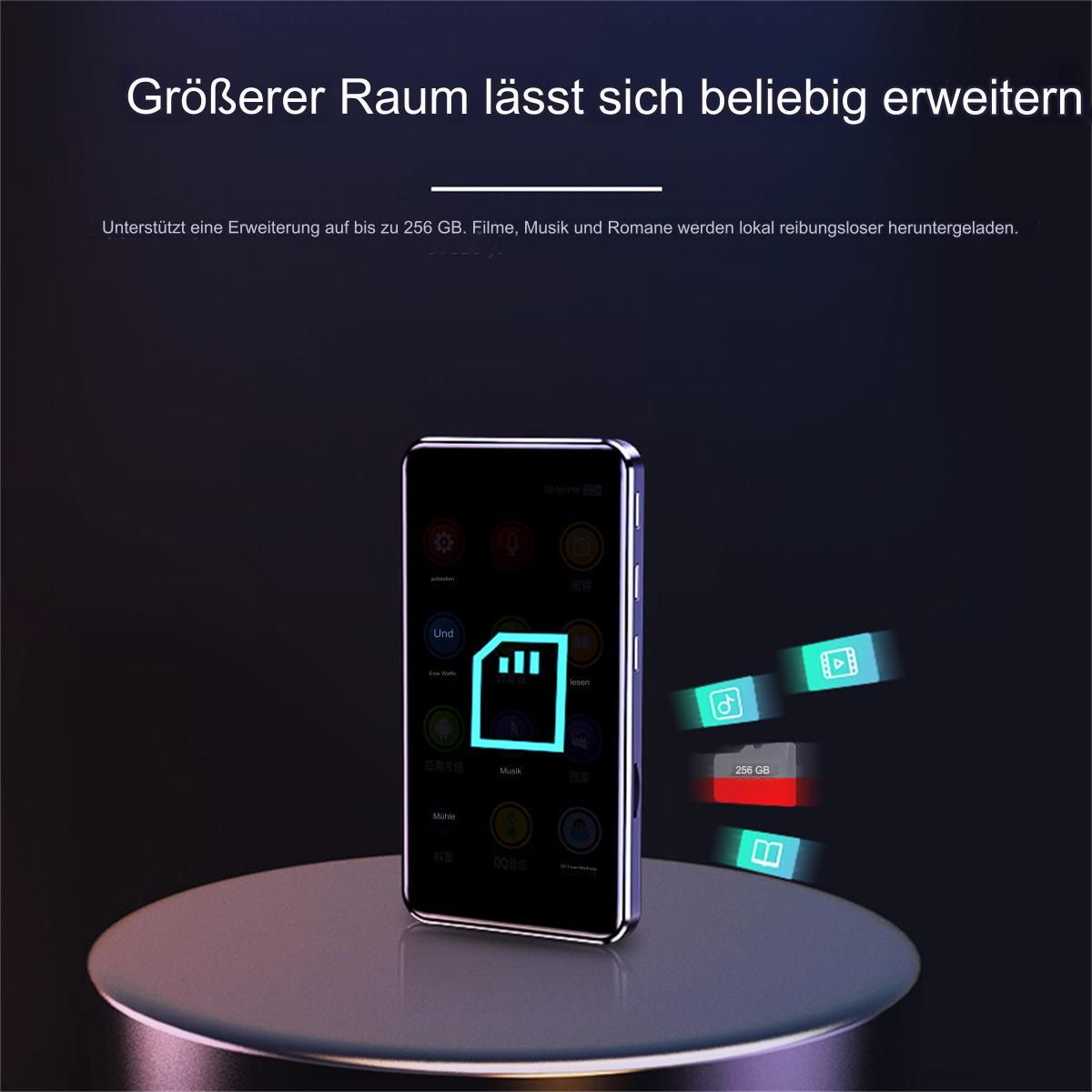 Ein schwarzer und silberner MP3-Player mit einem leuchtenden Speicherkarten-Symbol. Text auf Deutsch.