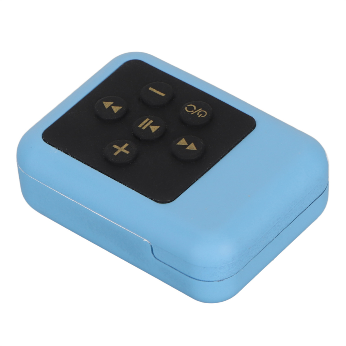 Ein blauer, rechteckiger MP3-Player mit Steuertasten. Die Tasten sind schwarz.