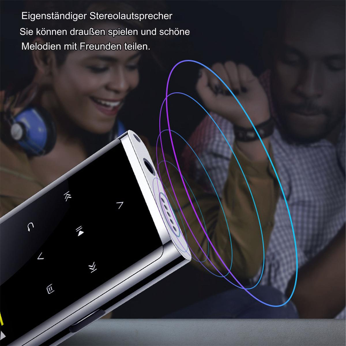 Ein schwarzer Musikplayer, im Hintergrund eine Person, die zuhört. Schallwellen gehen aus.