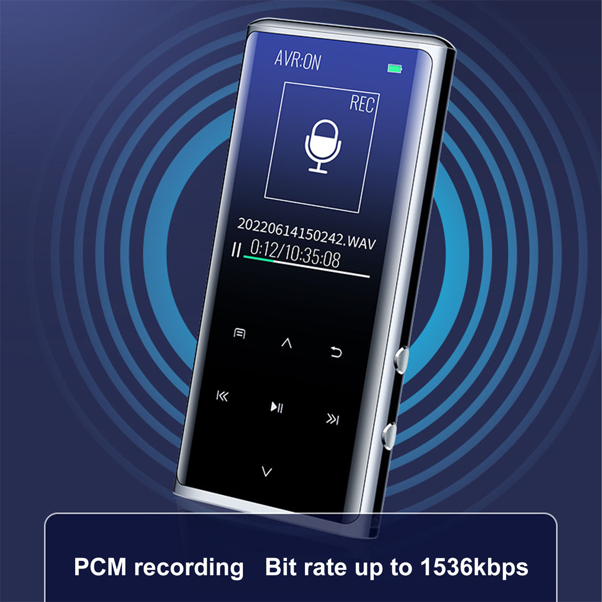 Ein schwarzer und silberner MP3-Player. Der Bildschirm zeigt Aufnahmeinformationen. Blaue Kreise im Hintergrund.