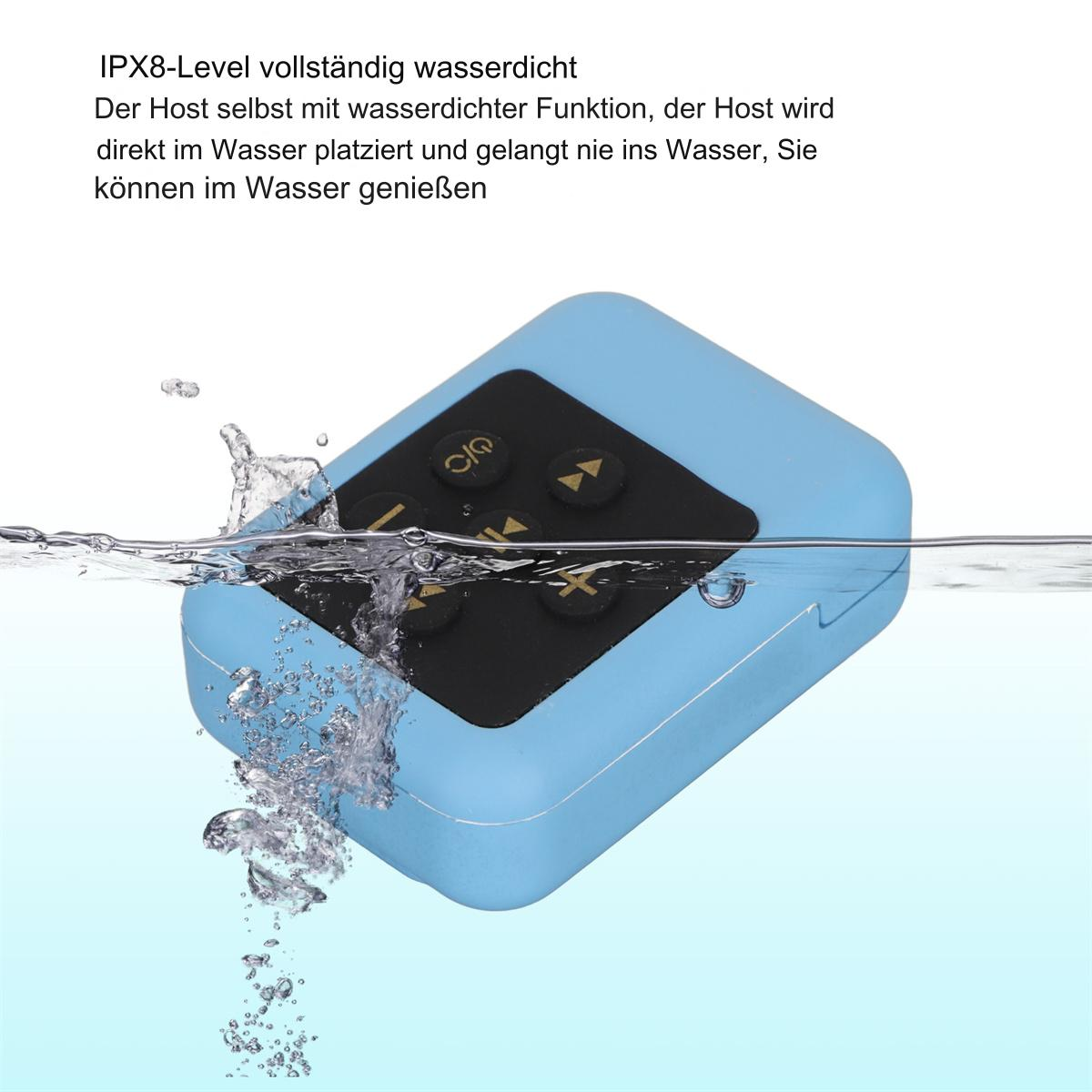 Ein blauer, quadratischer Lautsprecher unter Wasser. Blasen steigen auf. Der Lautsprecher hat Knöpfe.