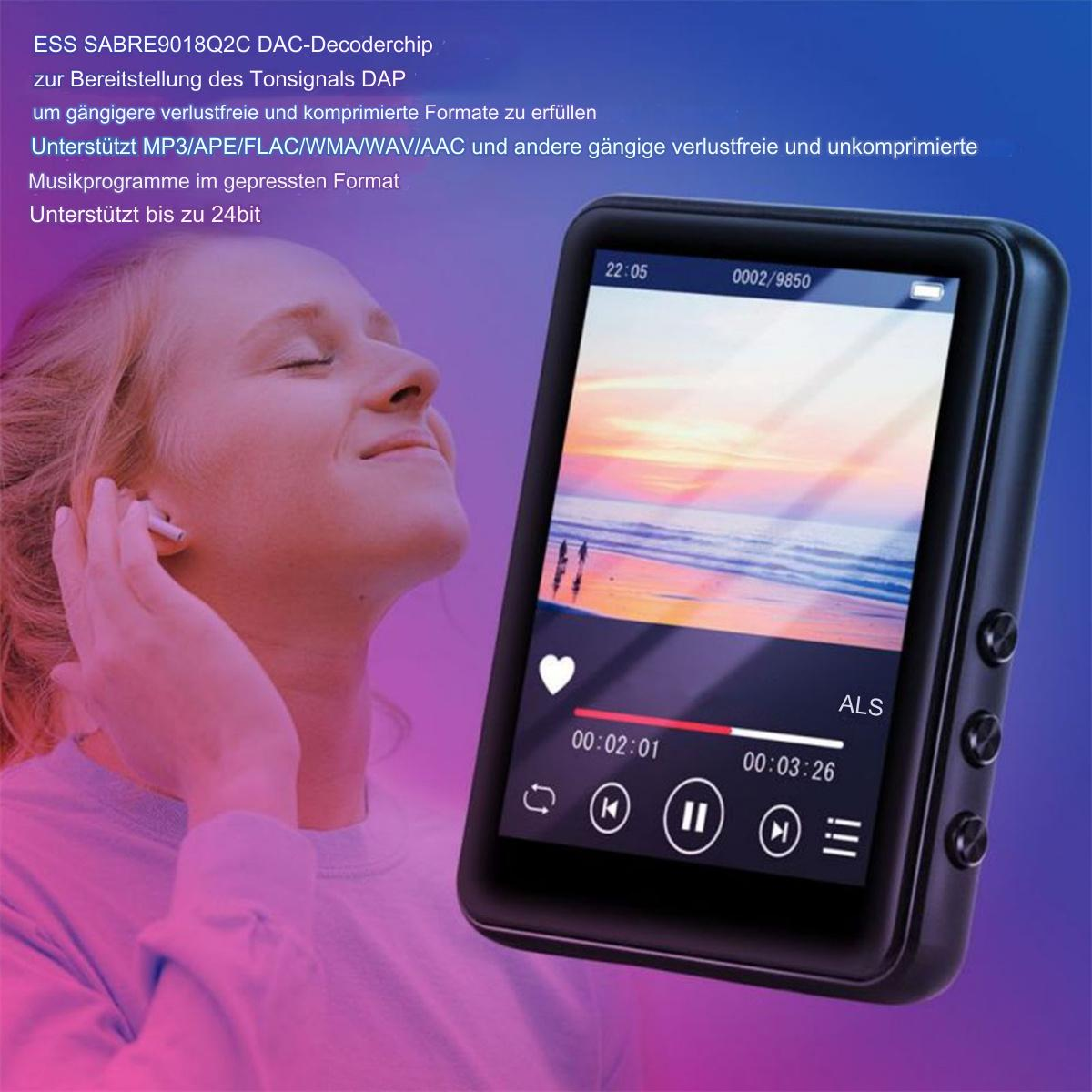 Ein kleiner schwarzer Musikplayer mit Bildschirm und eine Frau mit Ohrhörern. Der Bildschirm zeigt eine Musikoberfläche.