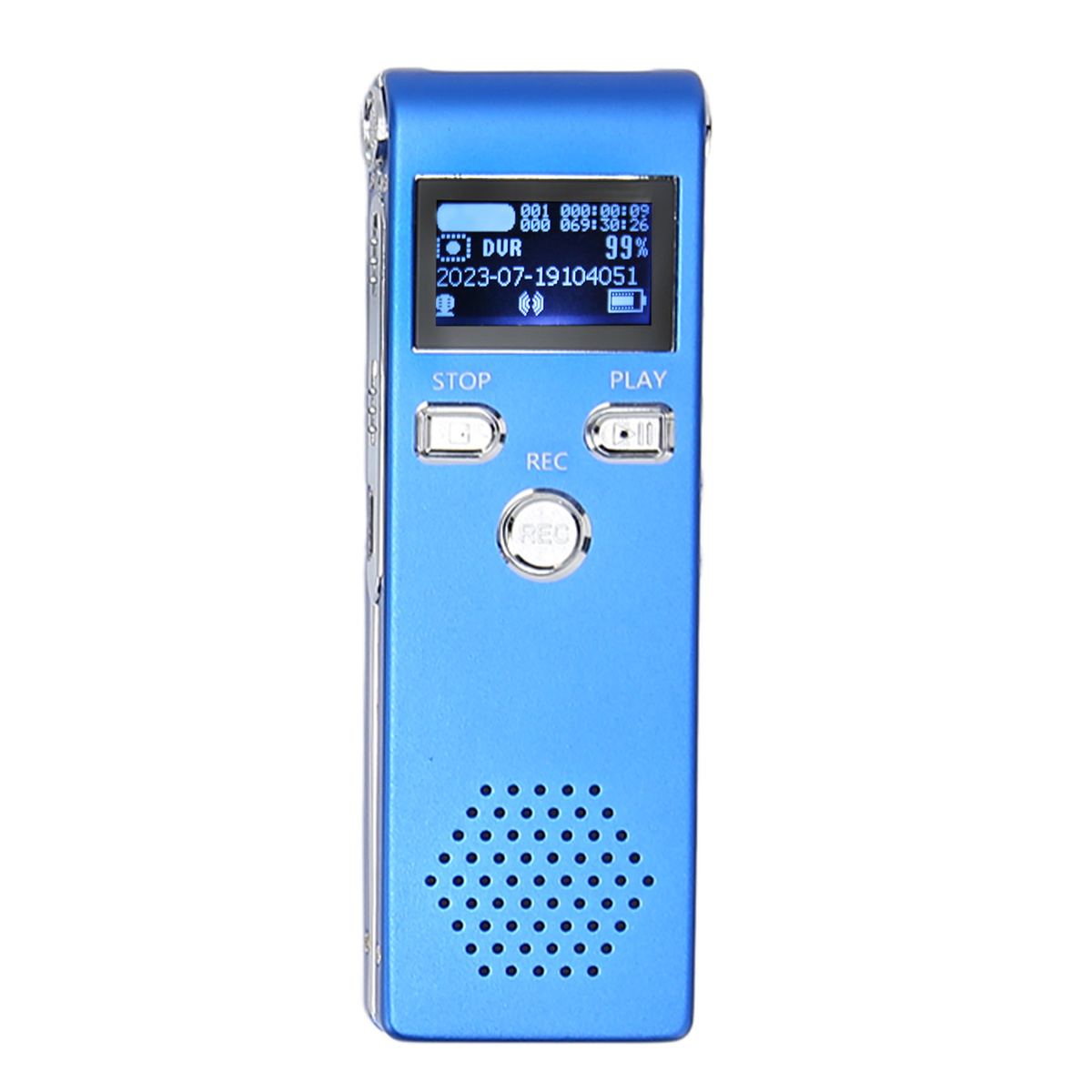 Blauer Sprachrekorder mit Display und Knöpfen.