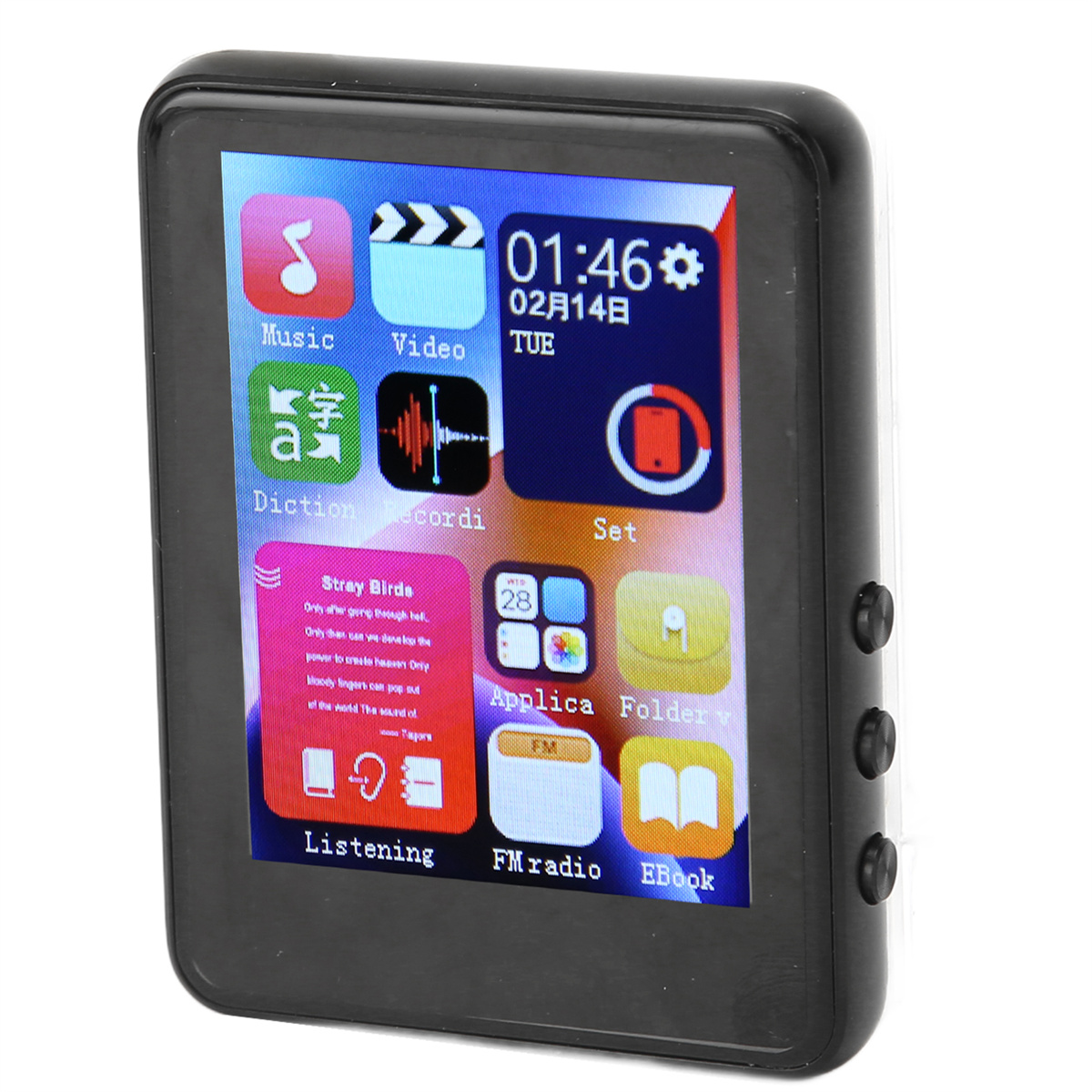 Ein schwarzer MP3-Player mit farbigem Bildschirm, der Symbole, Uhrzeit und Datum anzeigt. Er hat drei Seitentasten.