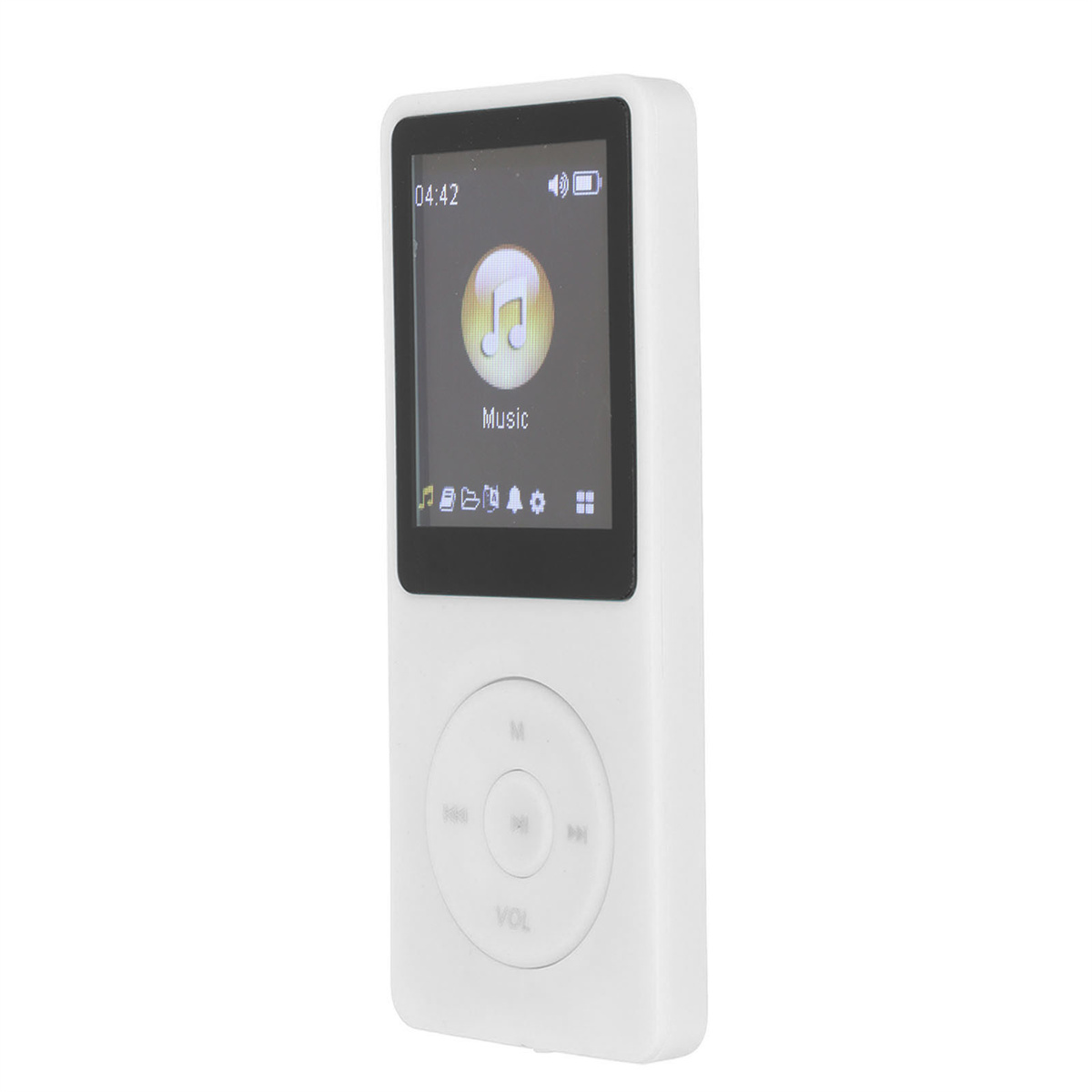 Ein weißer MP3-Player mit Display, das Musikinformationen zeigt, auf weißem Grund.