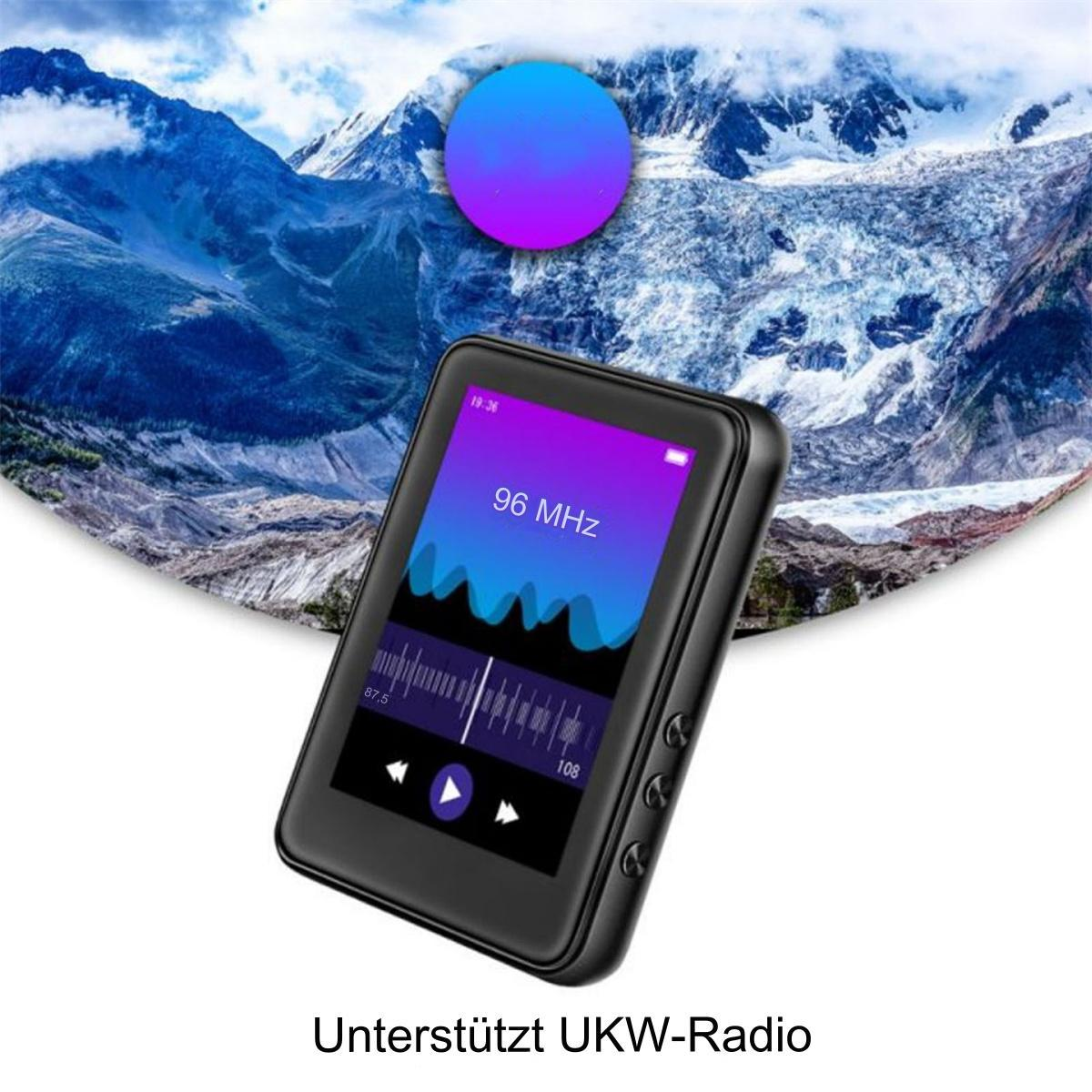 Ein schwarzes tragbares Radio mit Frequenzanzeige und Bergpanorama im Hintergrund. Unterstützt UKW-Radio.