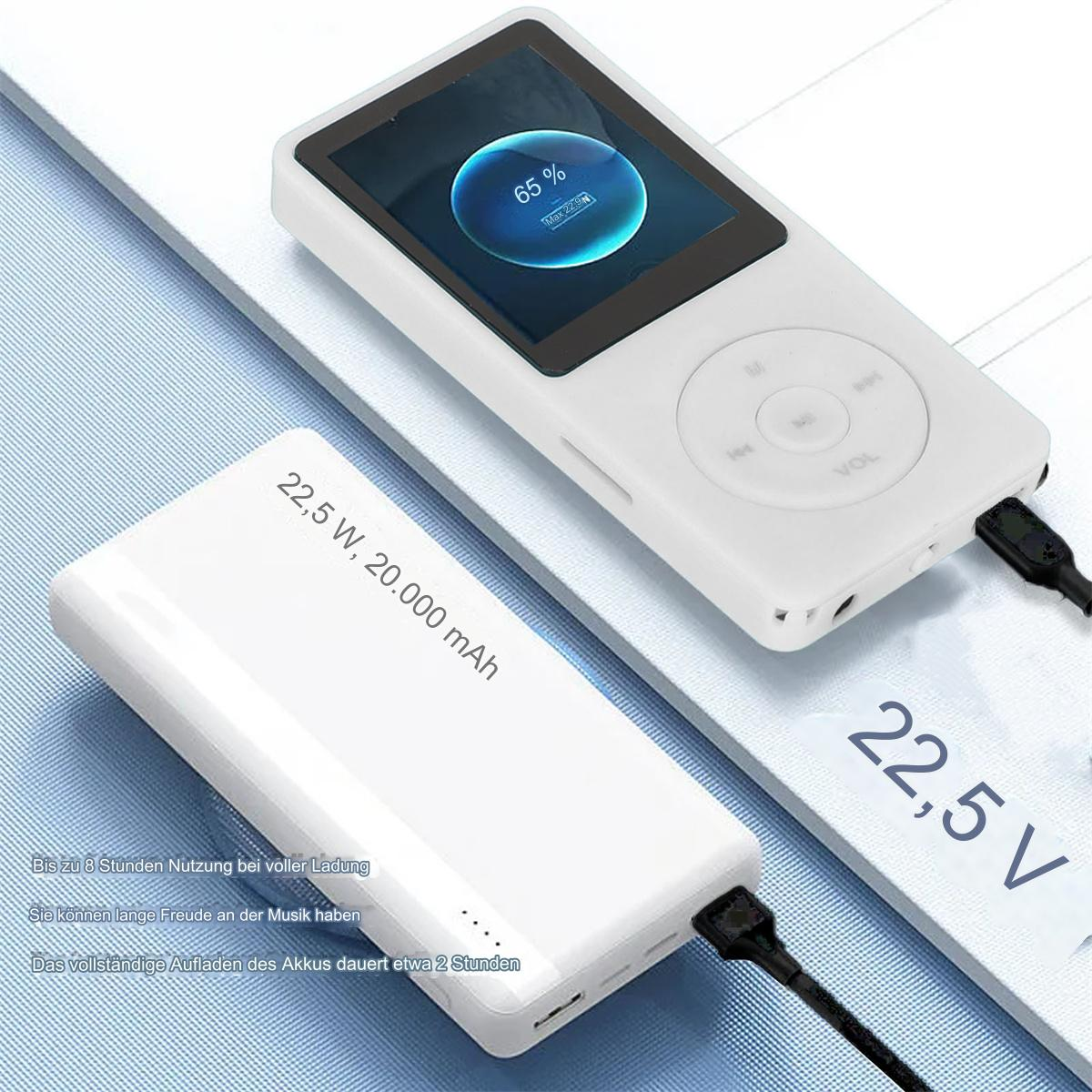 Weißer MP3-Player und Powerbank. Bildschirm zeigt 65% Ladung. Text: 22,5 W, 20.000 mAh.