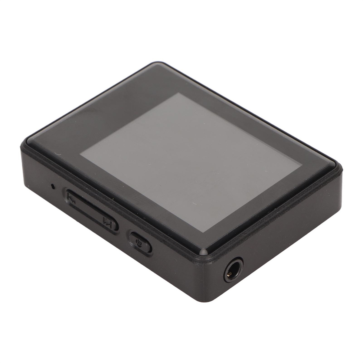 Ein kleiner, schwarzer MP3-Player mit Bildschirm, Knöpfen und Kopfhöreranschluss.