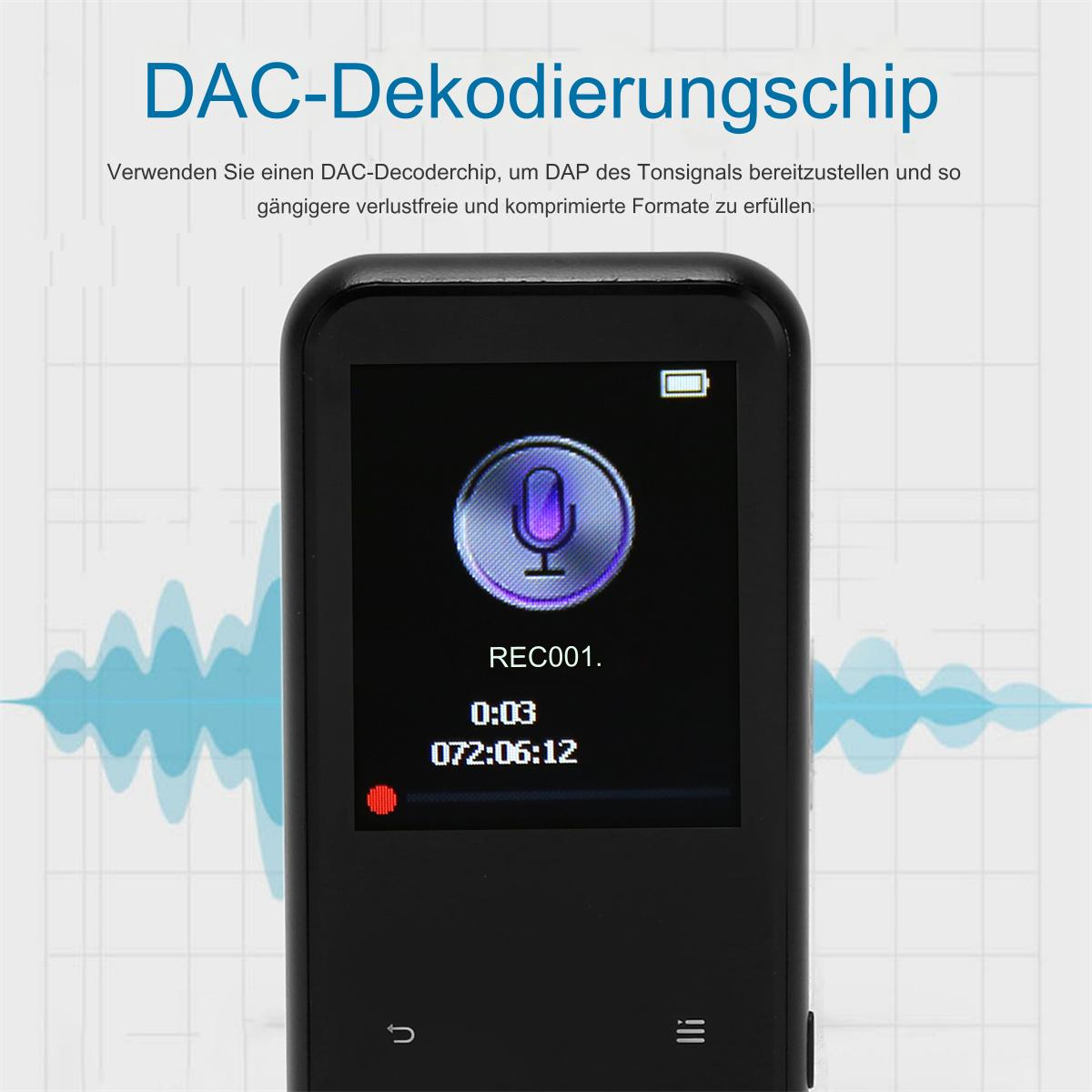 Ein schwarzes Gerät zeigt einen Aufnahmebildschirm. Text: REC001. 0:03 072:06:12 ist sichtbar.