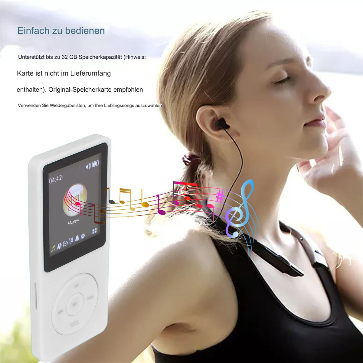 Frau benutzt einen MP3-Player mit Kopfhörern. Der Player ist weiß, mit Noten.