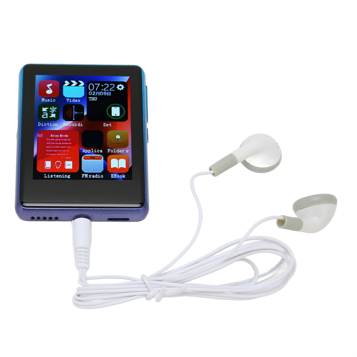 Blauer MP3-Player mit Bildschirm, der Symbole und Text anzeigt. Weiße Ohrhörer angeschlossen.