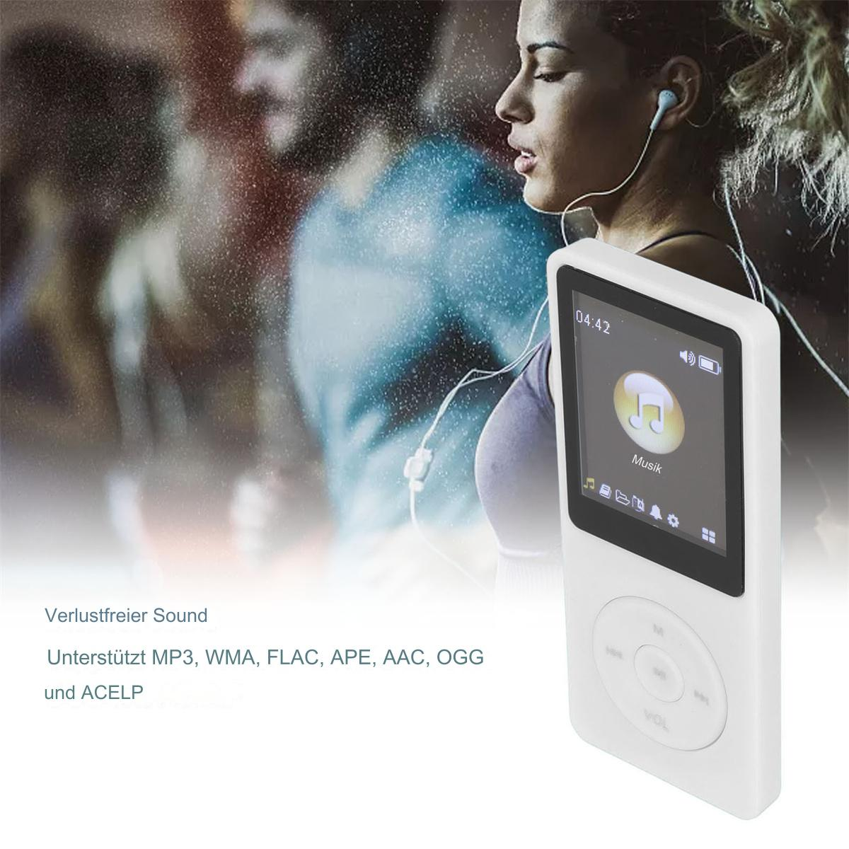 Weißer MP3-Player mit Bildschirm, neben einer Frau mit Kopfhörern. Text auf Deutsch.