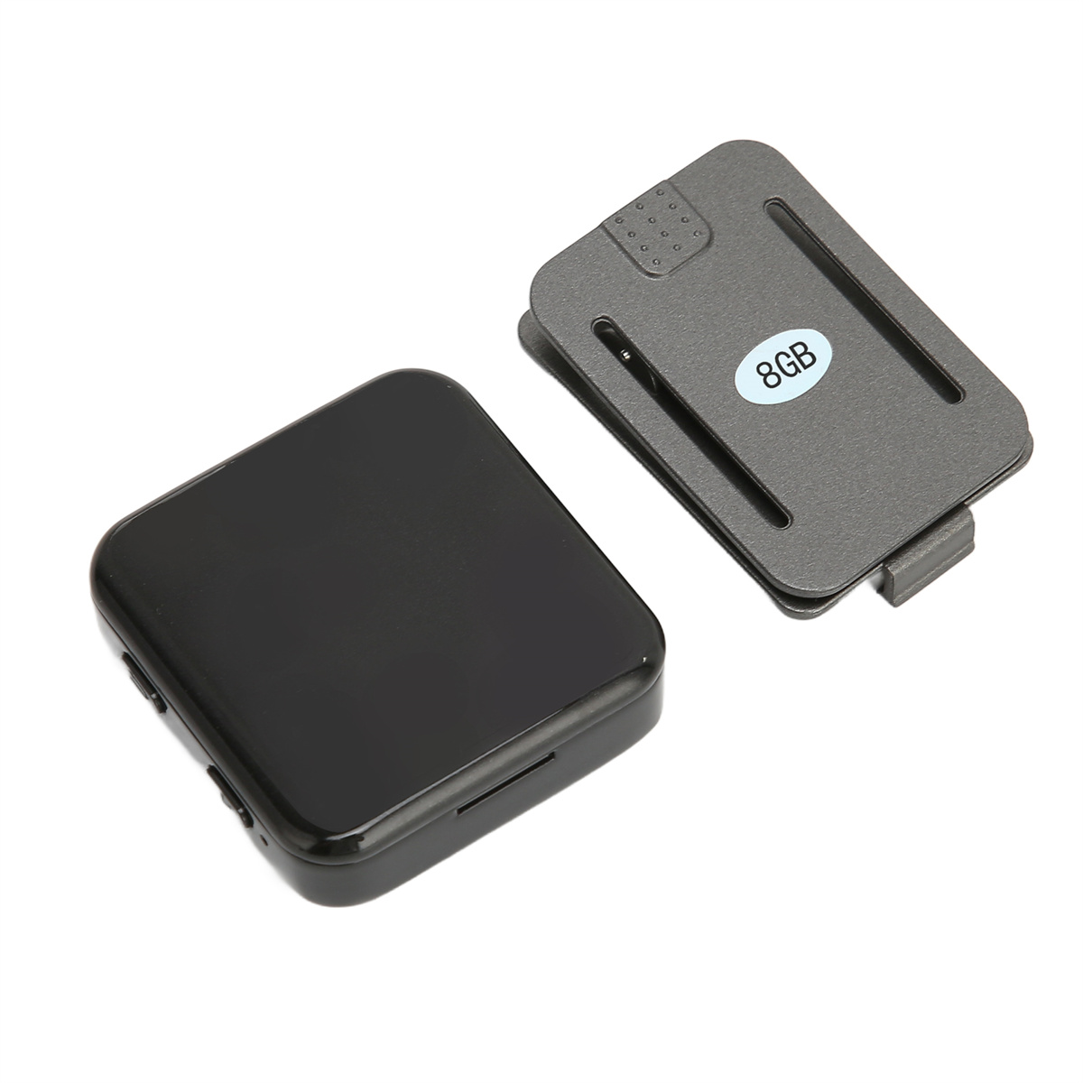 Zwei schwarze rechteckige Geräte, eines mit einem 8GB-Aufkleber, auf weißem Hintergrund.