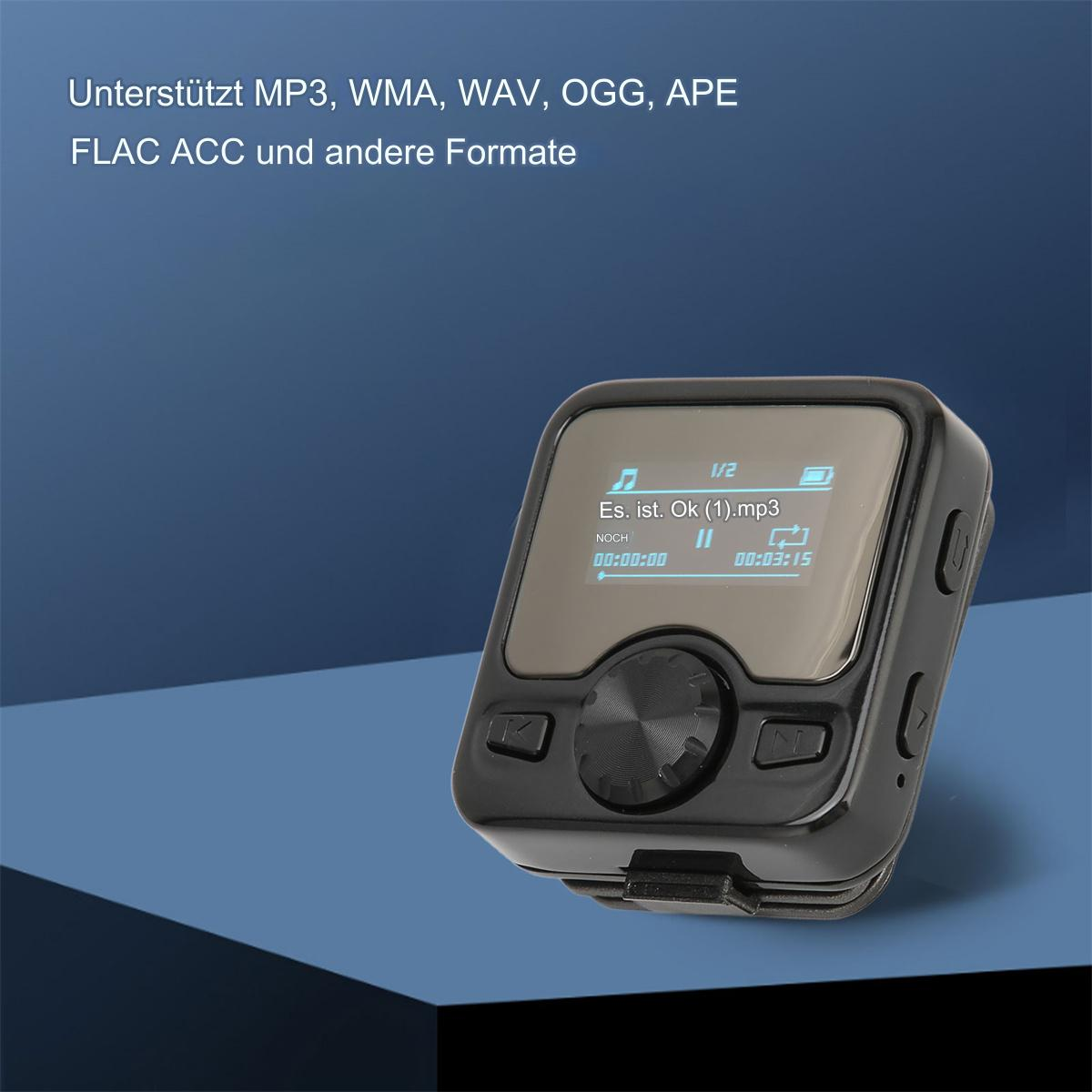 Ein schwarzer MP3-Player mit Bildschirm und Knöpfen. Der Bildschirm zeigt Titelinformationen, mit blauem Hintergrund.