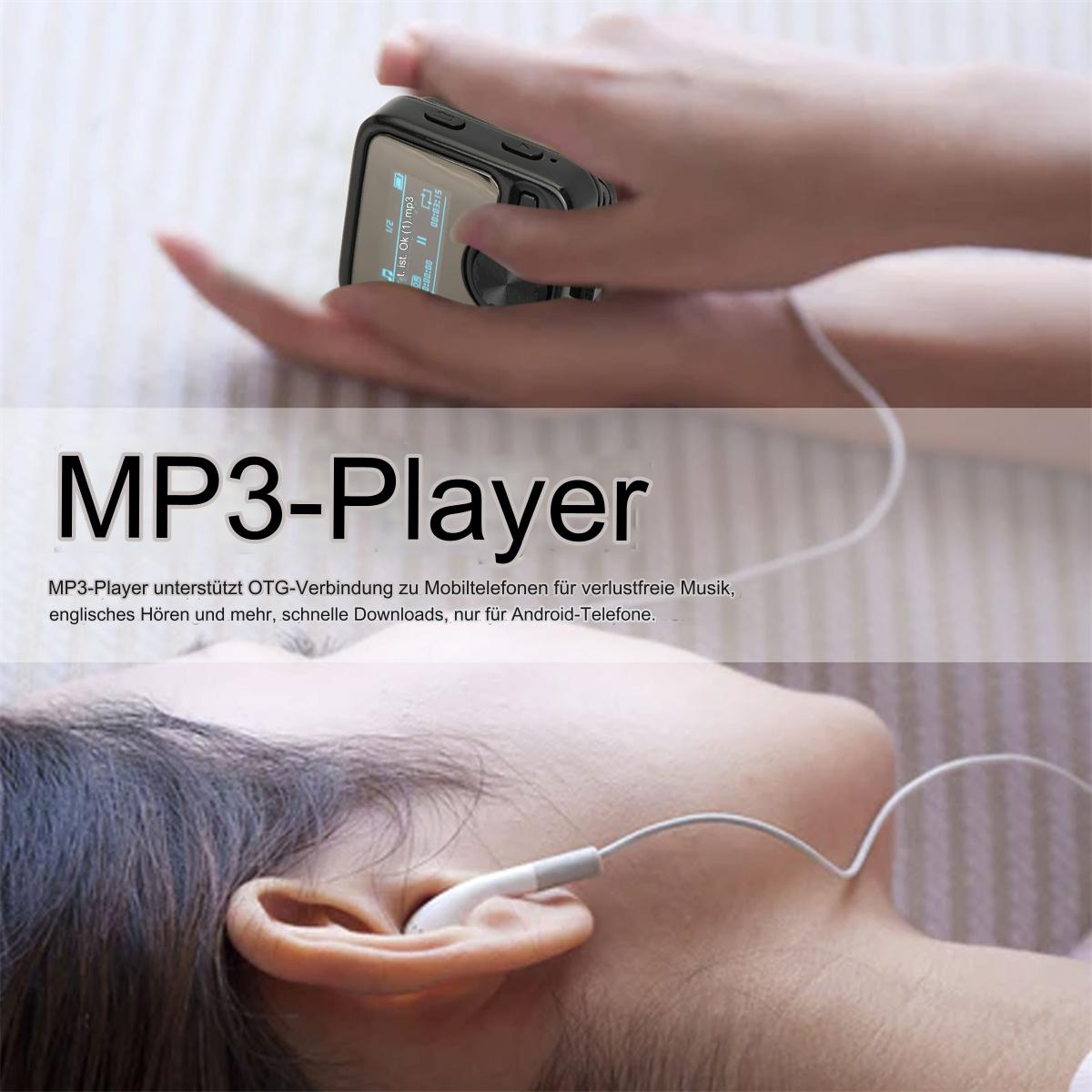Eine Hand, die einen schwarzen MP3-Player hält. Der Player hat einen Bildschirm. Die andere Hand hält Kopfhörer.