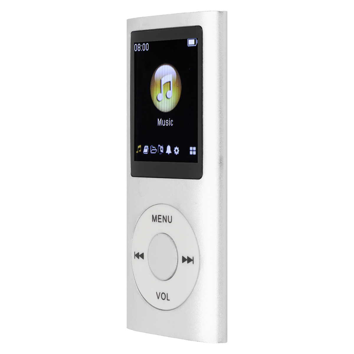Ein silberner MP3-Player mit Bildschirm, der ein Musiksymbol und Steuertasten anzeigt.