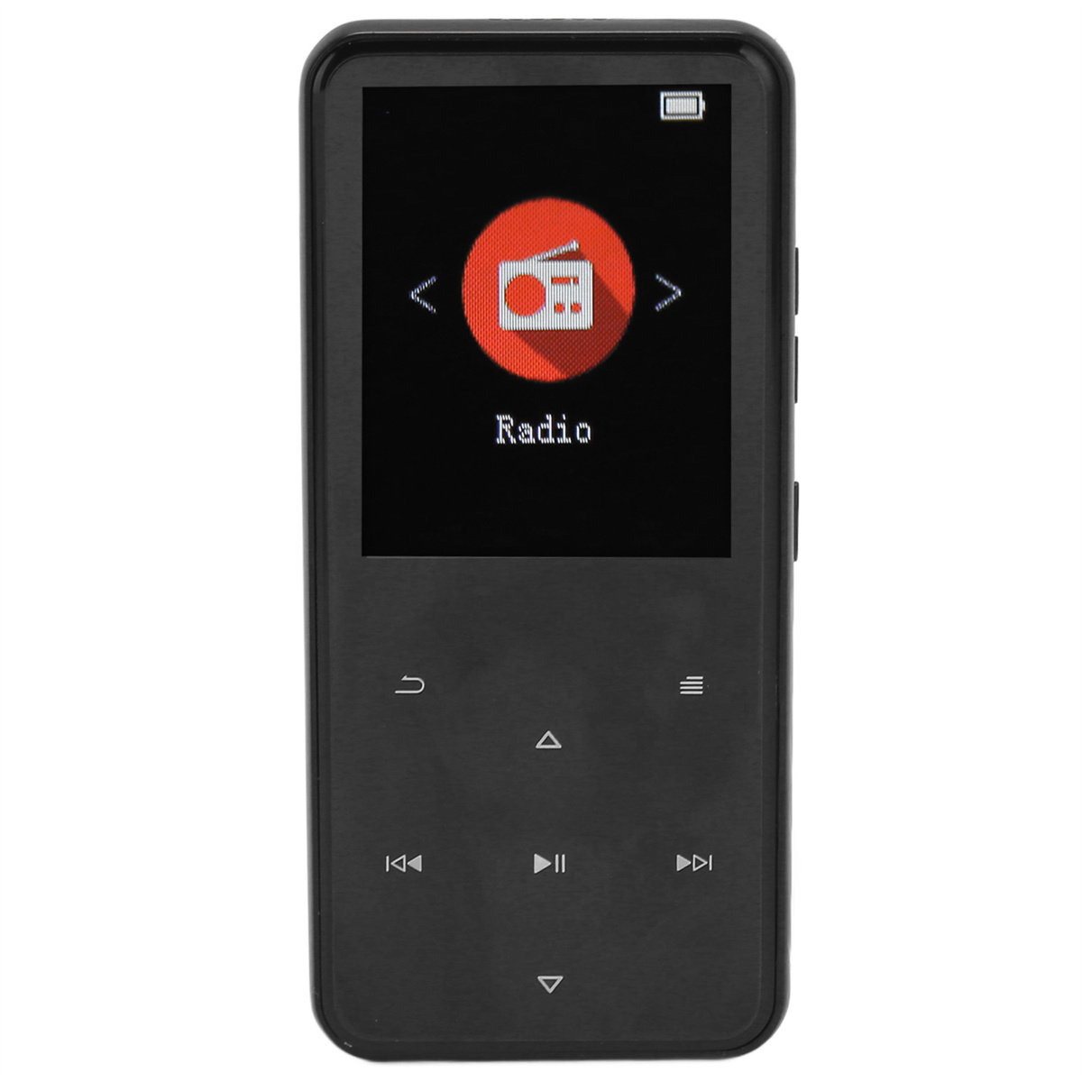 Ein schwarzer MP3-Player mit einem Bildschirm, der ein Radiosymbol anzeigt. Er hat Steuertasten und ein Batteriesymbol.