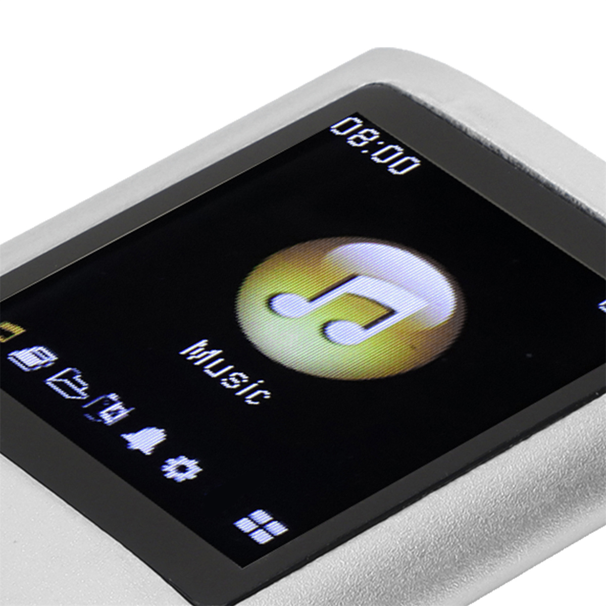 Ein Bildschirm eines digitalen Musikplayers, der ein Musiksymbol und die Zeit zeigt, mit weißem Gehäuse.