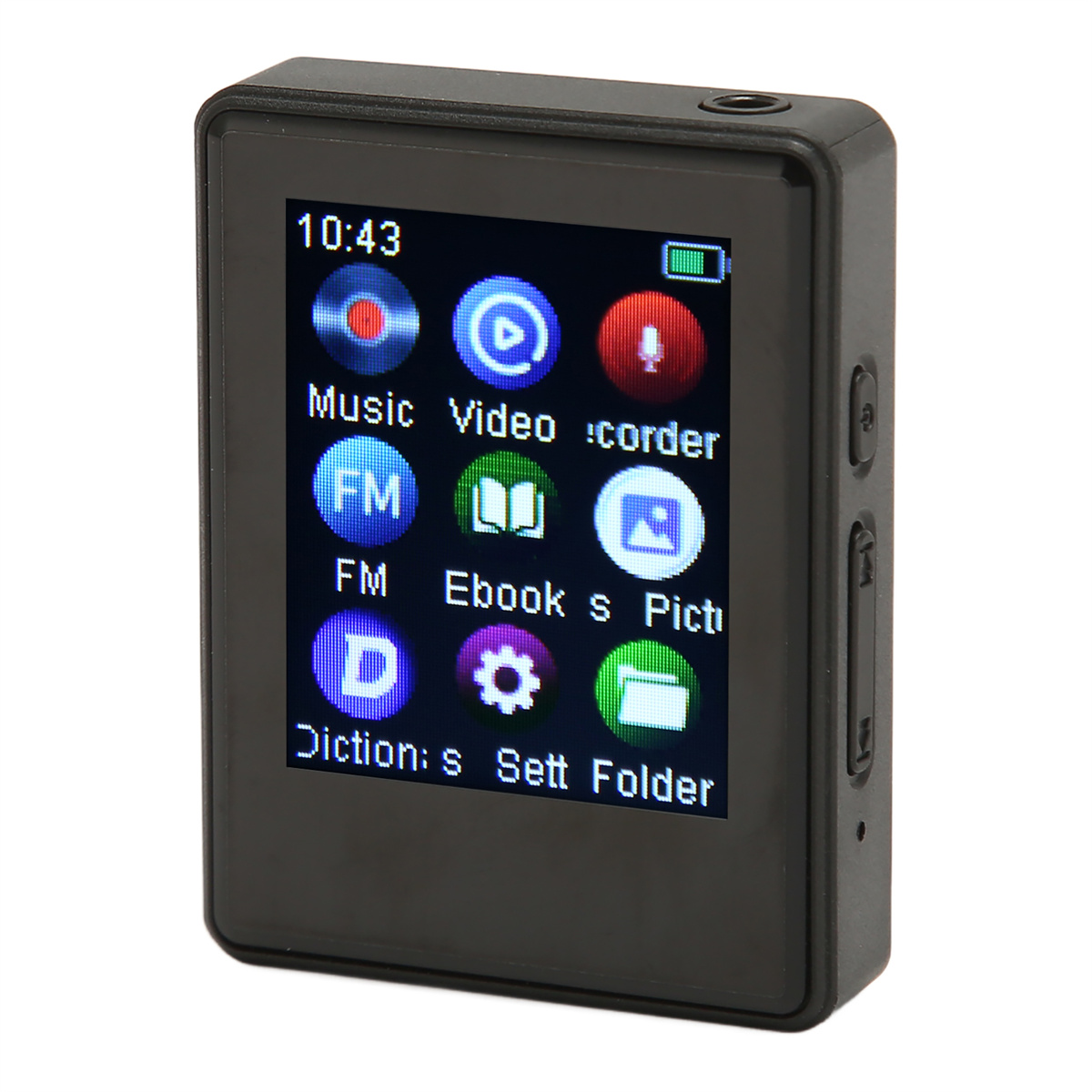 Schwarzer MP3-Player mit Bildschirm, der Symbole zeigt.