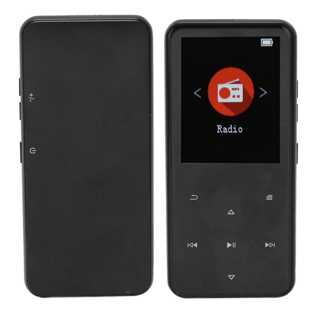 Schwarzer MP3-Player. Es hat einen Bildschirm, der ein Radiosymbol anzeigt. Tasten sind auf dem Gerät.