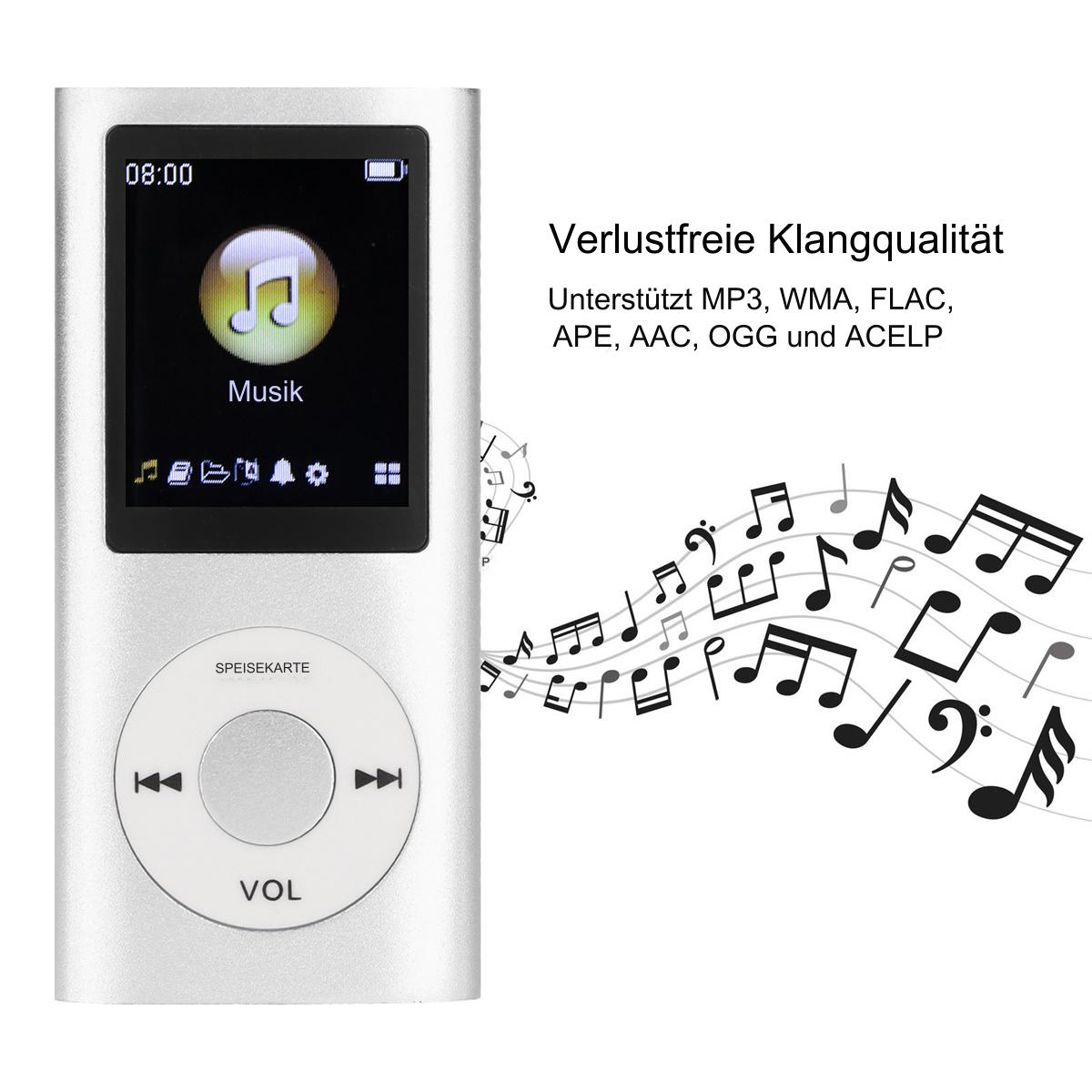 Silberner MP3-Player mit Bildschirm, Knöpfen und Musiknoten-Grafik, Text über Audioqualität.