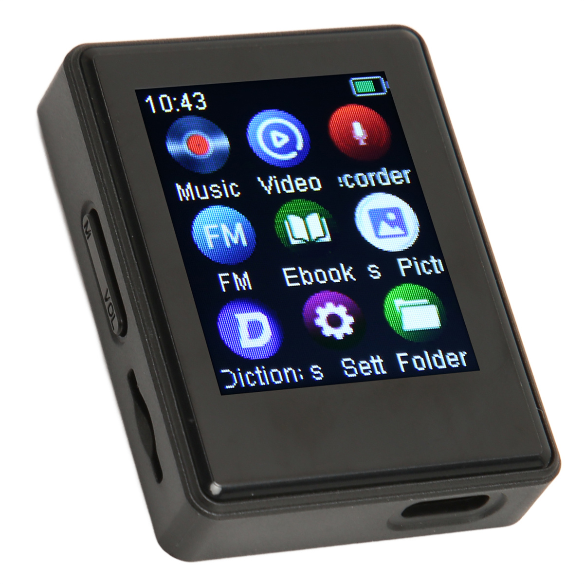 Schwarzer MP3-Player mit einem Bildschirm, der Symbole für Musik, Video, UKW-Radio, E-Books, Bilder, Einstellungen und Ordner anzeigt.