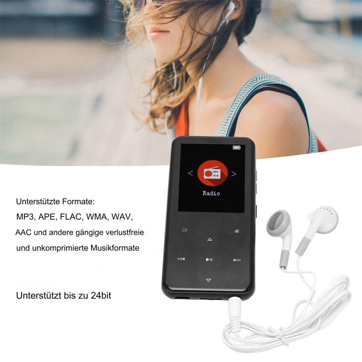 Schwarzer MP3-Player mit weißen Ohrhörern. Der Bildschirm zeigt eine Radioschnittstelle.
