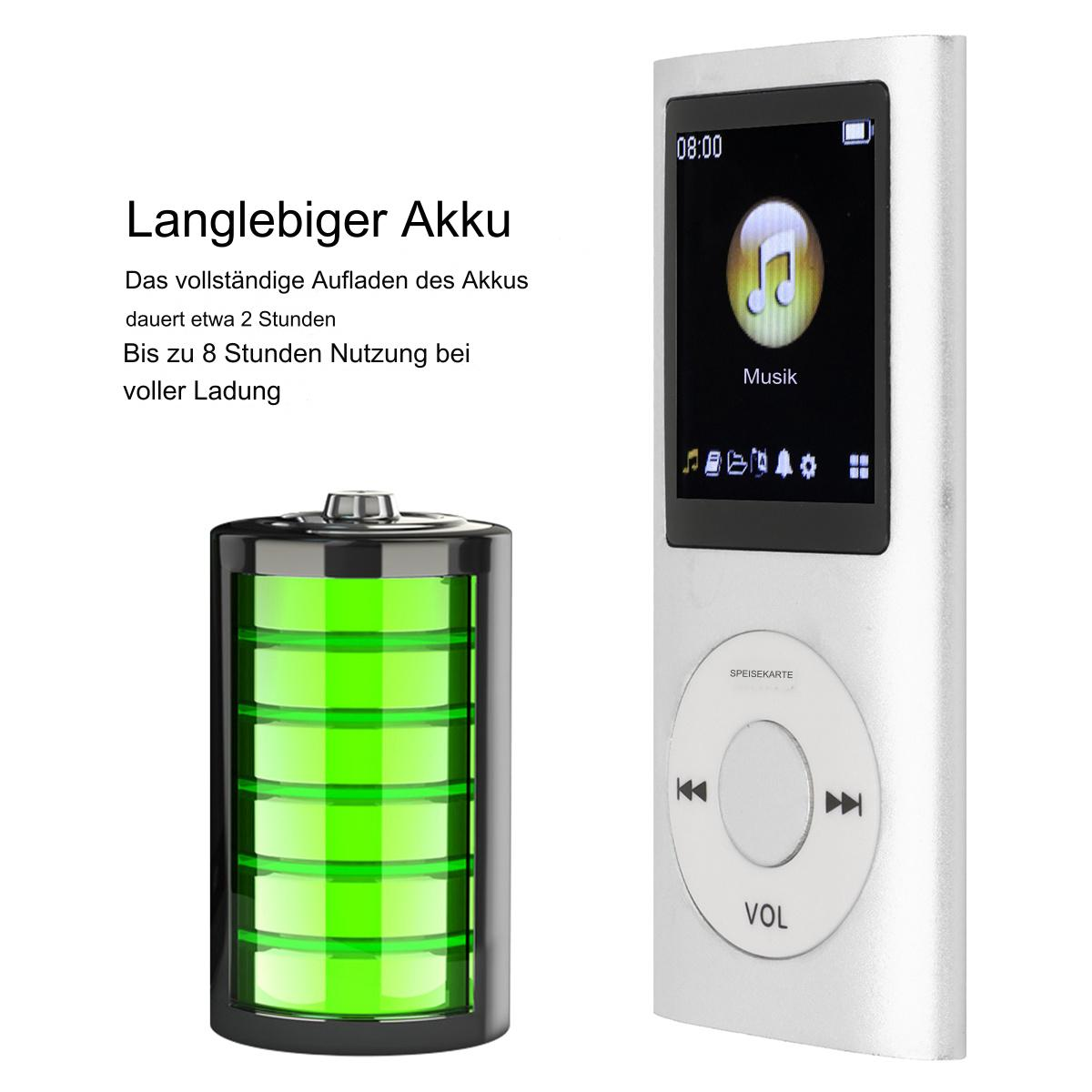 Ein silberner MP3-Player mit einem Bildschirm, der eine Musiknote anzeigt, und einer grünen Batteriestandsanzeige.