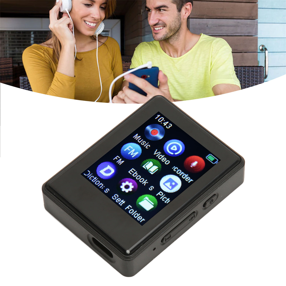 Ein MP3-Player mit einem Bildschirm mit Symbolen und ein Mann und eine Frau mit Kopfhörern.