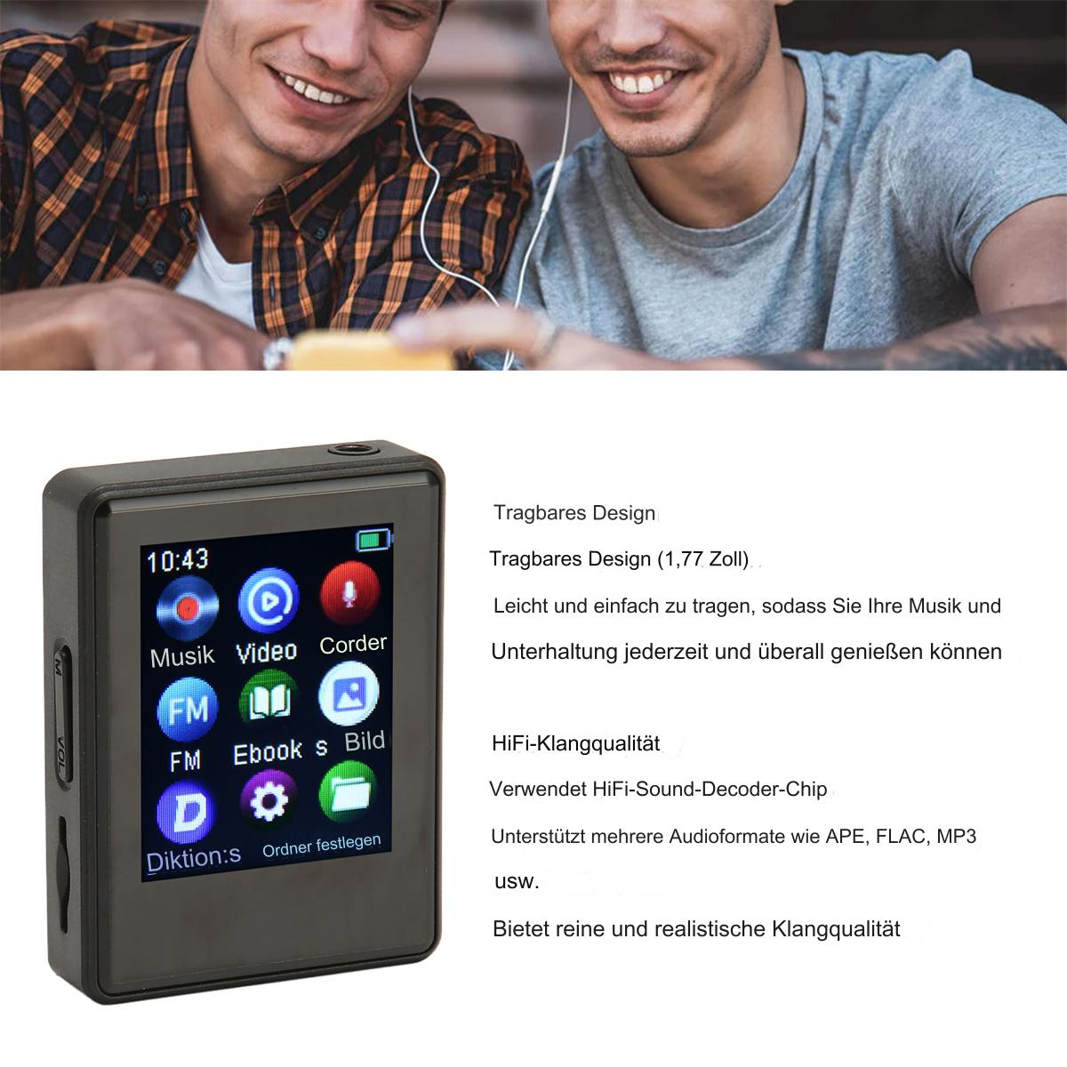 Zwei Männer betrachten einen schwarzen tragbaren Mediaplayer.