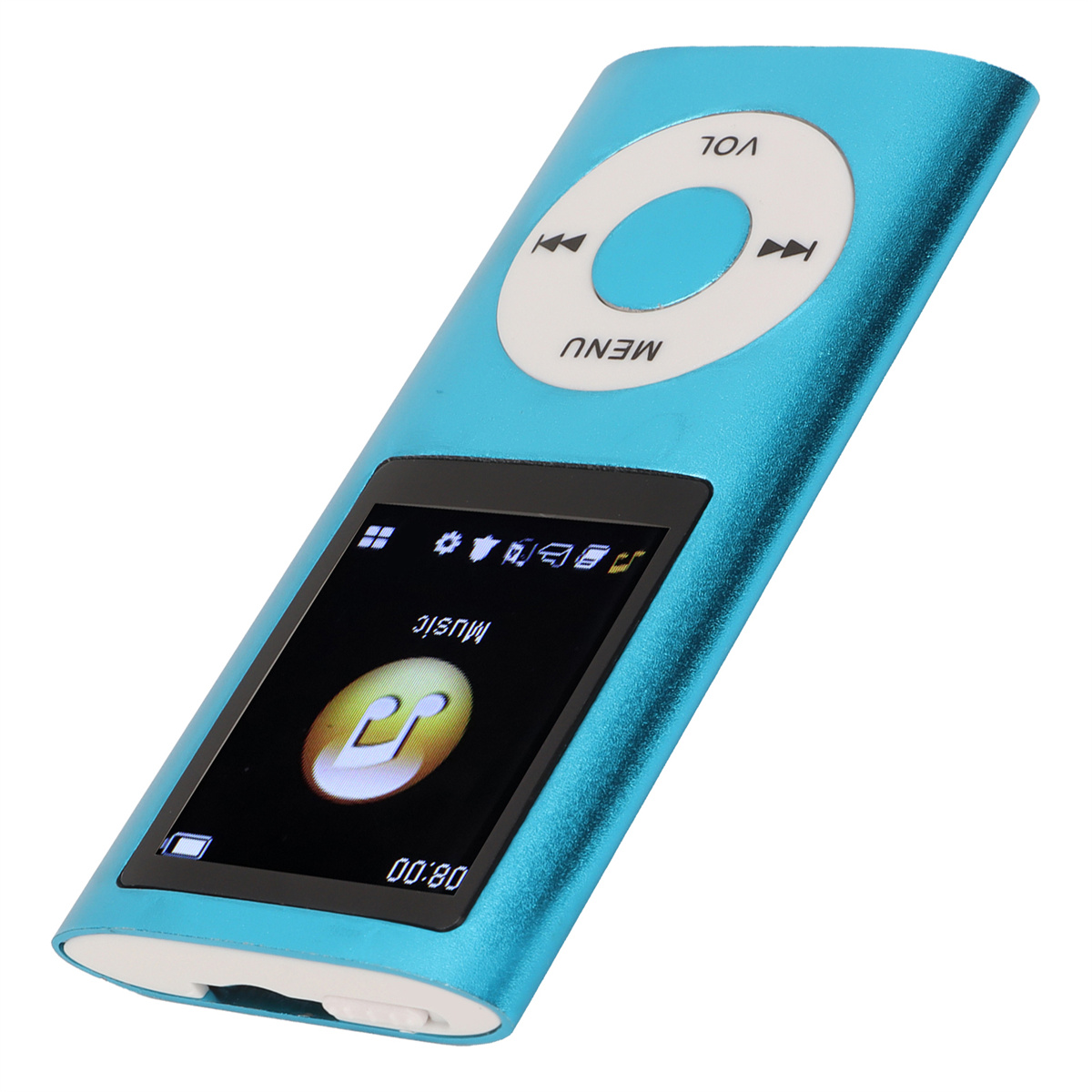 Blauer MP3-Player. Verfügt über einen Bildschirm, Tasten und ein zentrales Kontrollrad. Weißer Hintergrund.