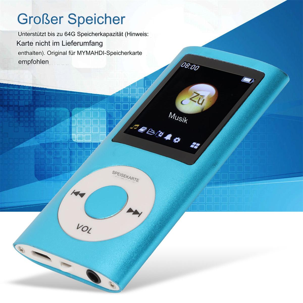 Ein blauer MP3-Player mit einem Bildschirm, der Musikauswahl zeigt, vor weißem Hintergrund.