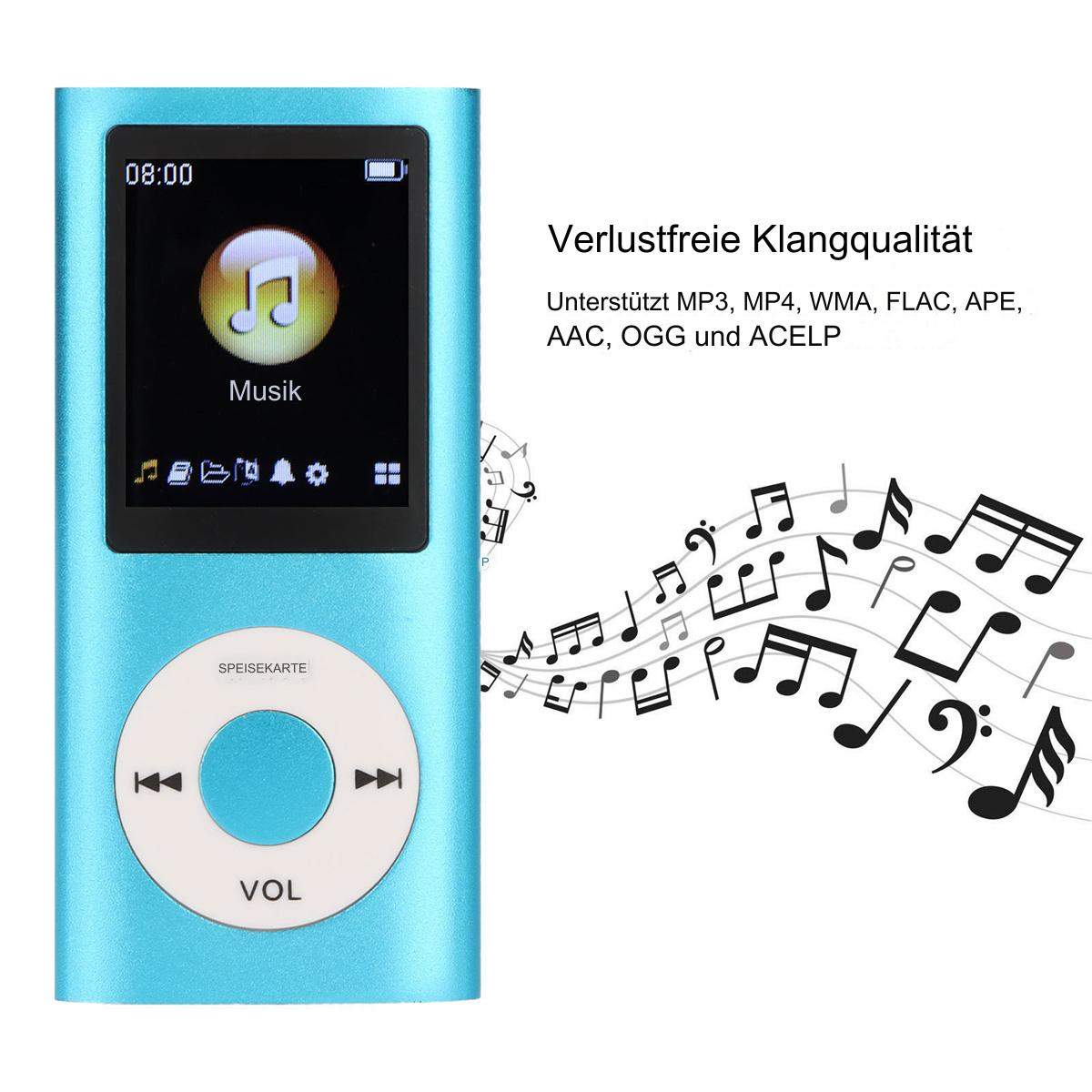 Blauer MP3-Player mit Bildschirm, der Musik anzeigt. Text: Unterstützt MP3, WMA, FLAC usw.