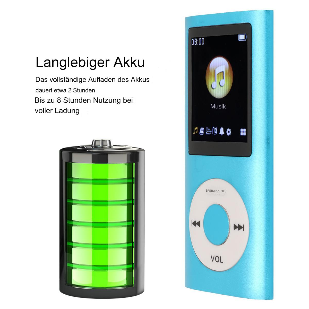 Blauer MP3-Player mit Bildschirm und Knöpfen. Daneben eine Batterie. Text über Akkulaufzeit sichtbar.
