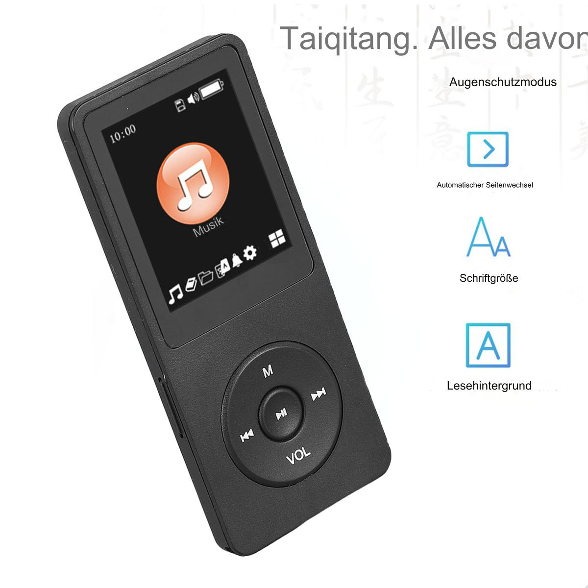 Schwarzer MP3-Player mit Bildschirm, der ein Musiksymbol anzeigt. Text auf Deutsch. Beigefarbener Hintergrund.