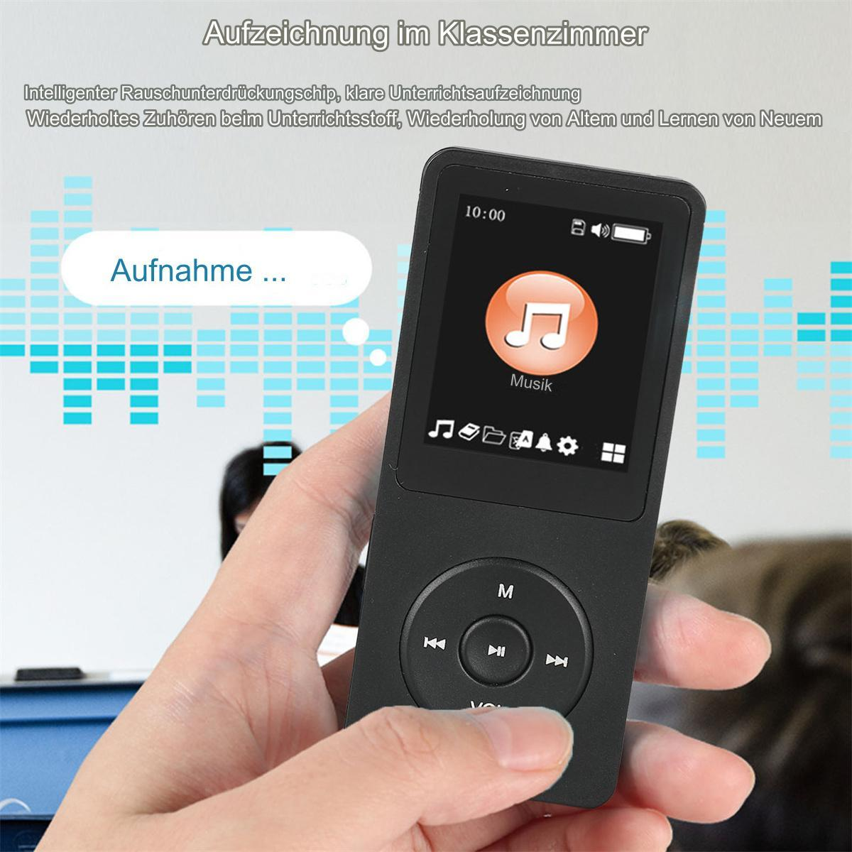 Ein schwarzer MP3-Player mit Bildschirm und Knöpfen. Eine Hand hält den Player. Text über die Aufnahme ist vorhanden.